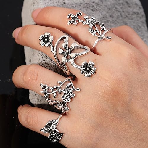 Miniatura 5 de Juego de 4 anillos de dedo tallados antiguos punk, con diseño de hojas de vid, diseño de hojas de bosque, anillos bohemios para hombres, regalos de