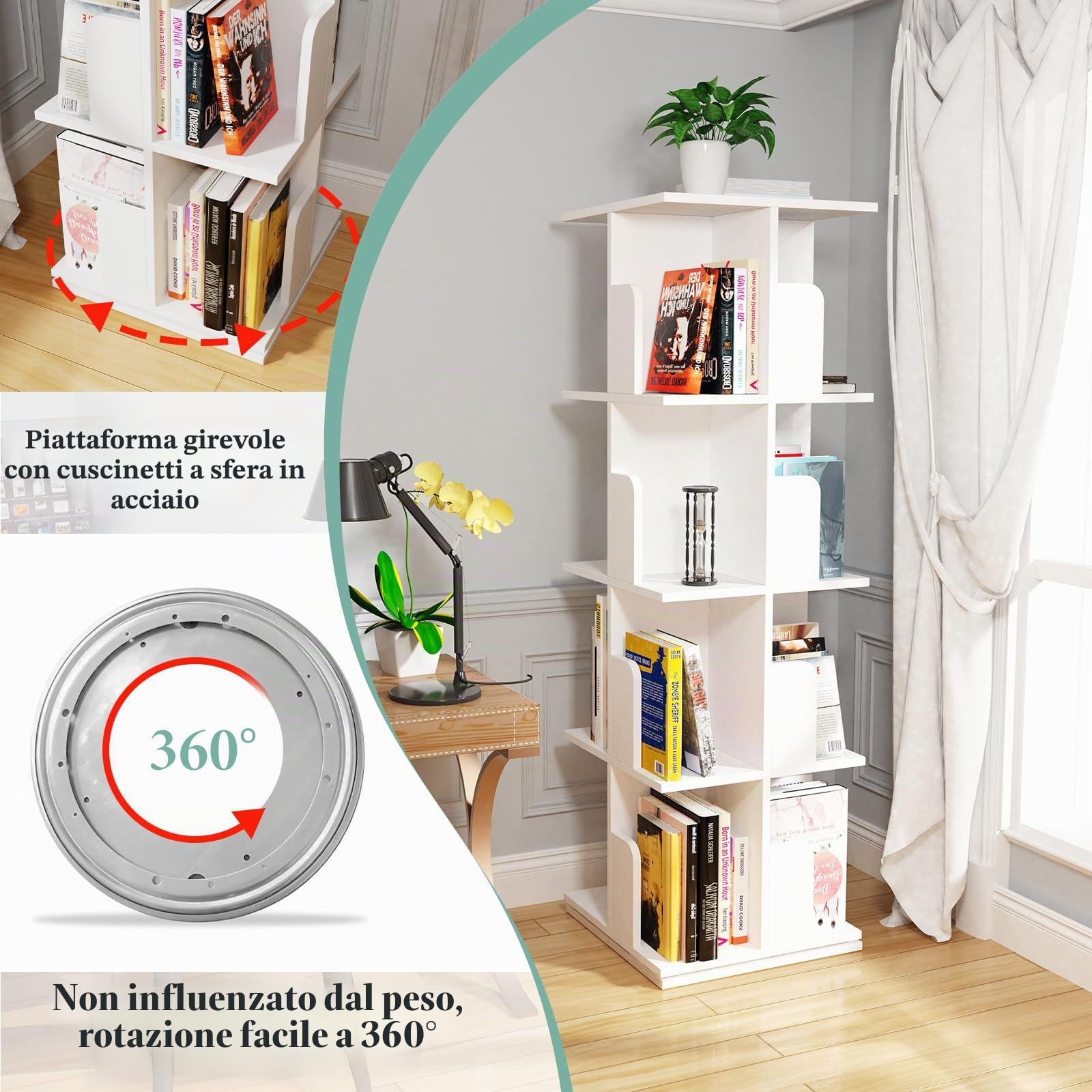 Libreria Girevole, Scaffale, Libreria Girevole 360 Gradi, 4 Livelli 16 Scomparti, Verticale, per Soggiorno, Camera da letto, Ufficio, Bianca 40x40x130cm