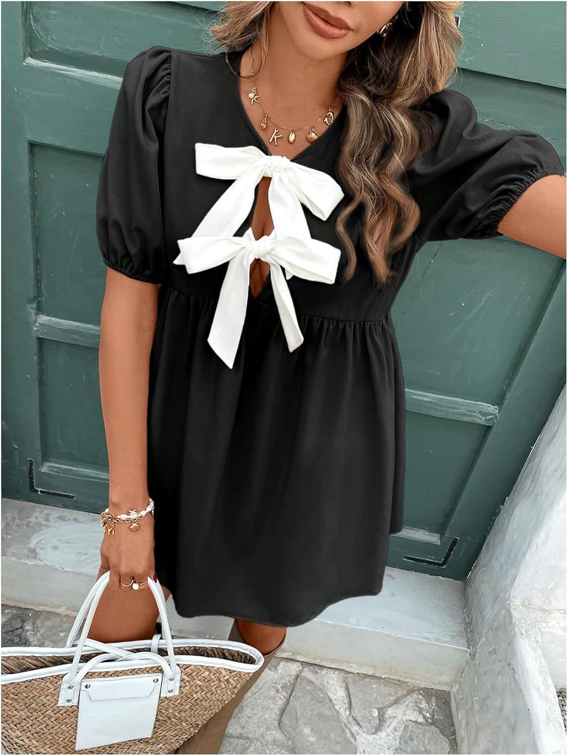 SweatyRocks Women's Bow Puff Short Sleeve Dress Tie Front A Line Babydoll Dresses - Image 3