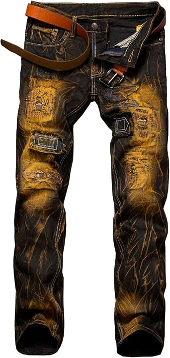 Mens Mid Waist Slim Straight Leg Jeans Comfort Flex Waist Denim Pants Ripped Skinny Cowboy Trousers