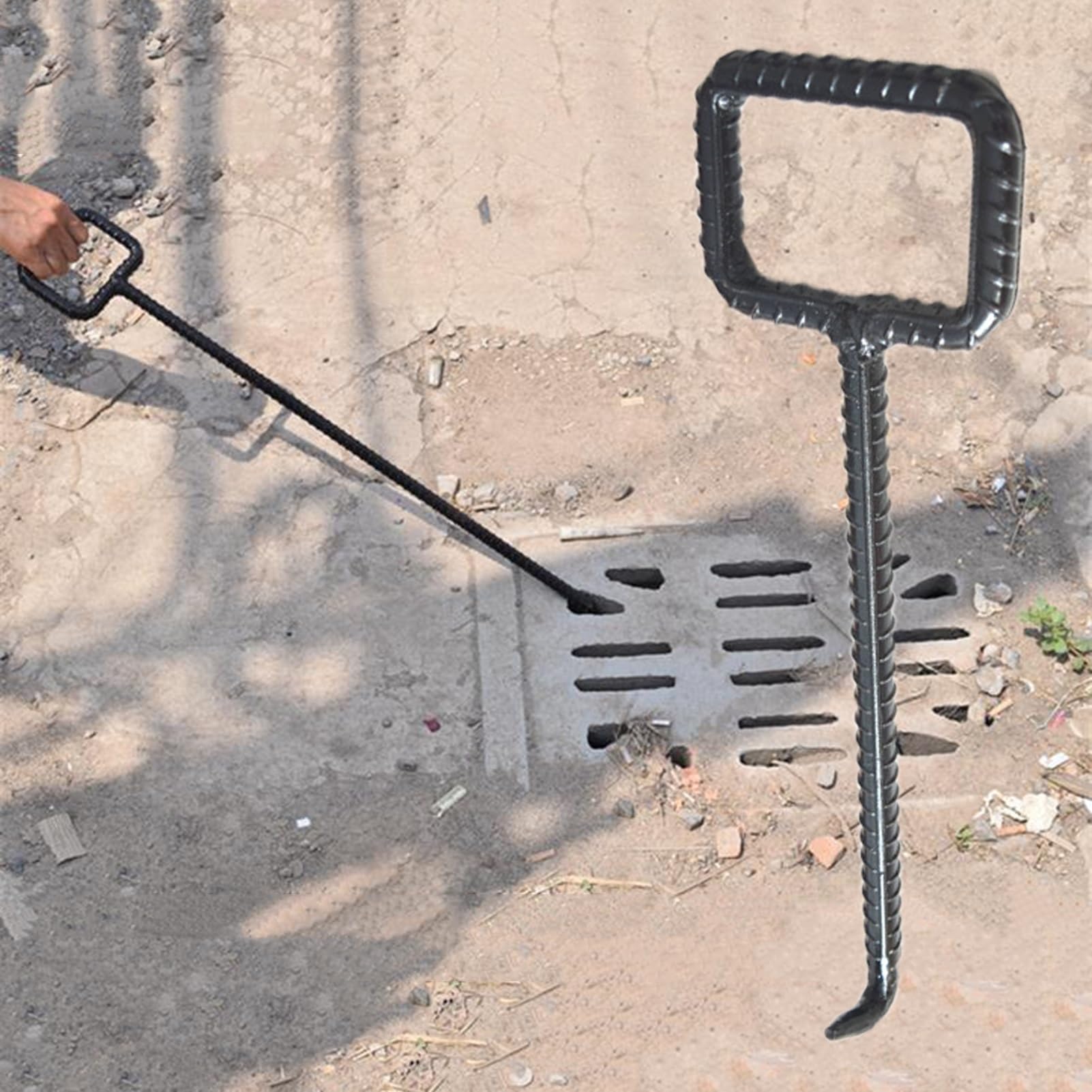 ZIMGOD Manhole Cover Lifter with Rectangular Handle, Rebar Pulling Tool for Drain Grate/Sewer Lid, Sturdy Septic Tank Lids Pull Hook, Easy to Operate(42cm (16 1/2