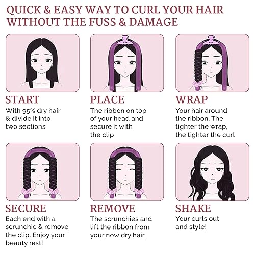 Miniatura 4 de Juego de funda de almohada de satén + rizador de pelo sin calor, cinta suave, 2 lazos para el cabello, 1 clip, sin calor, cómodo para dormir, juego