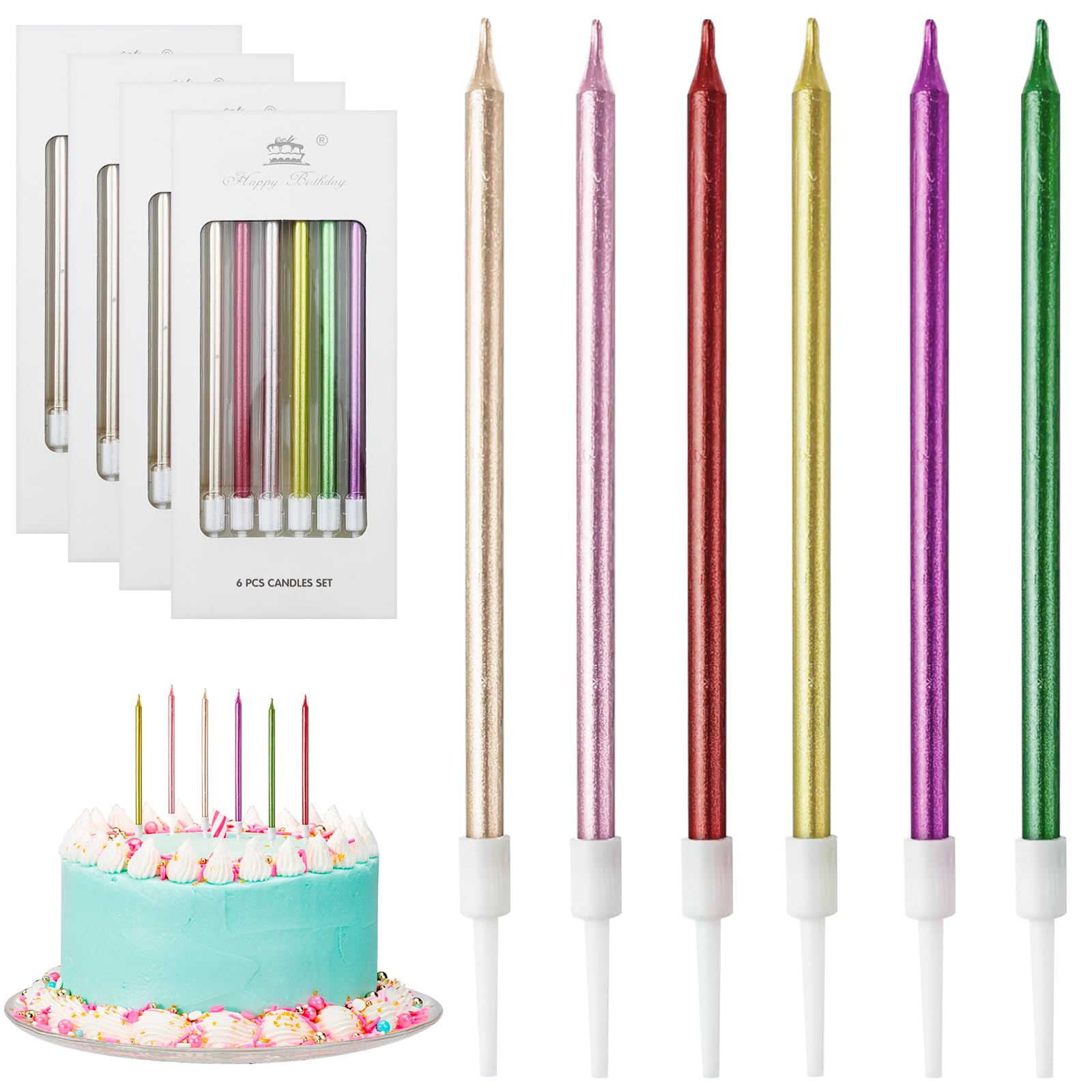 DONQL Birthday Cake Candles, Tall Cake Candles, Long Birthday Candles, Thin Cupcake Candles with Holders for Birthday Cake Baby Shower Cake Wedding Party Decoration (24Pcs Colorful)