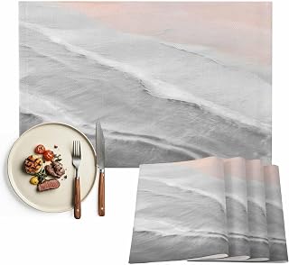 Table Placemats Set of 12,Boho Beach Waves Gray Gradient Non-Slip Kitchen Dining Tables Place Mat,Summer Seaside Spray Washable Table Mats for Home Dinner Holiday Party Banquet