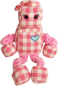 Snugarooz Rosie The Robot Plush Dog Toy with Repair Patch Durable Gingham Linen - Bungee Arms & Legs - Perfect Cuddle Buddy - Made from Recycled Materials
