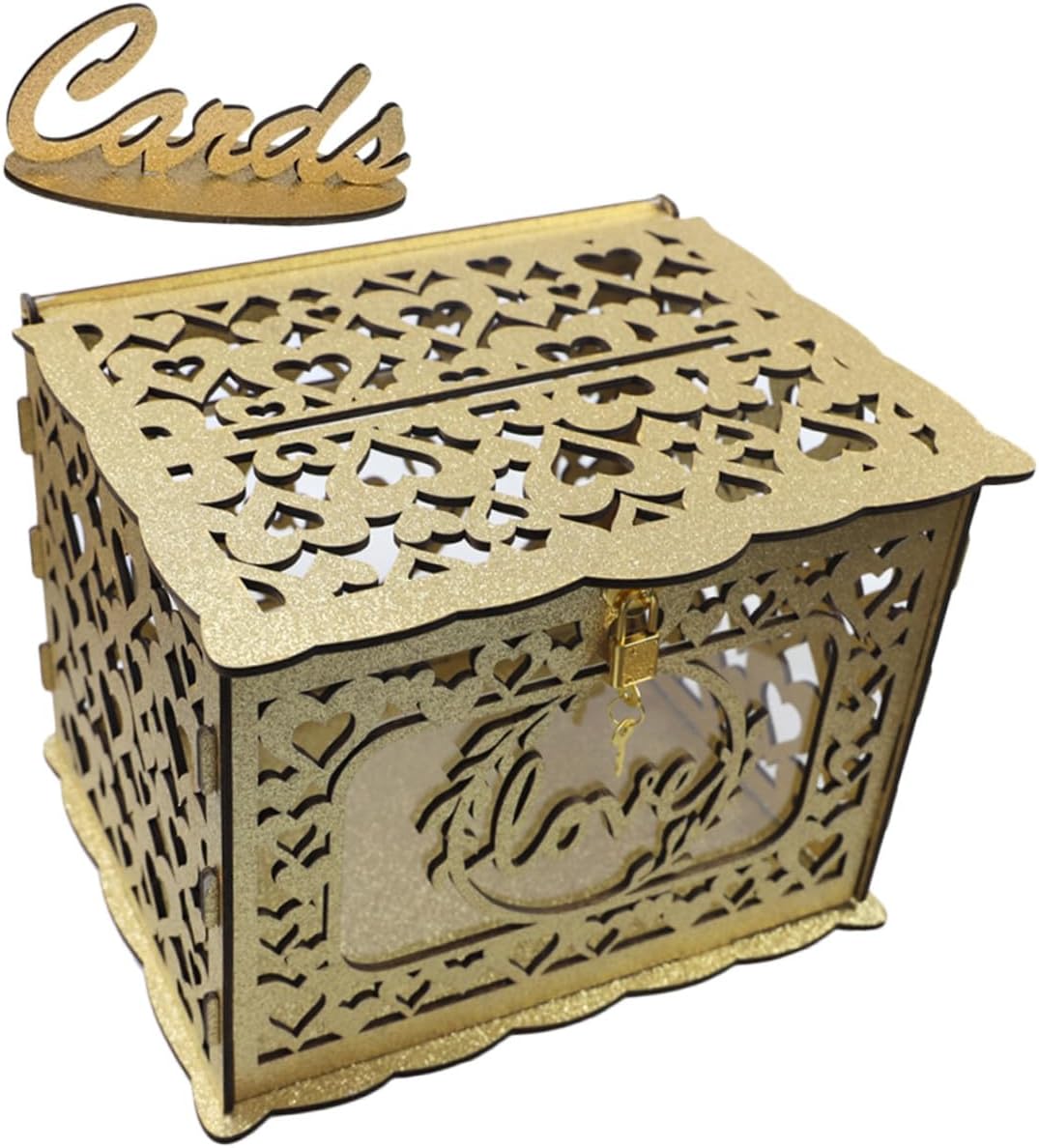 Wooden Hollow Wedding Card Box with Lock, Glitter Decorative Envelope and Greeting Cards Holder for Reception and Party Events