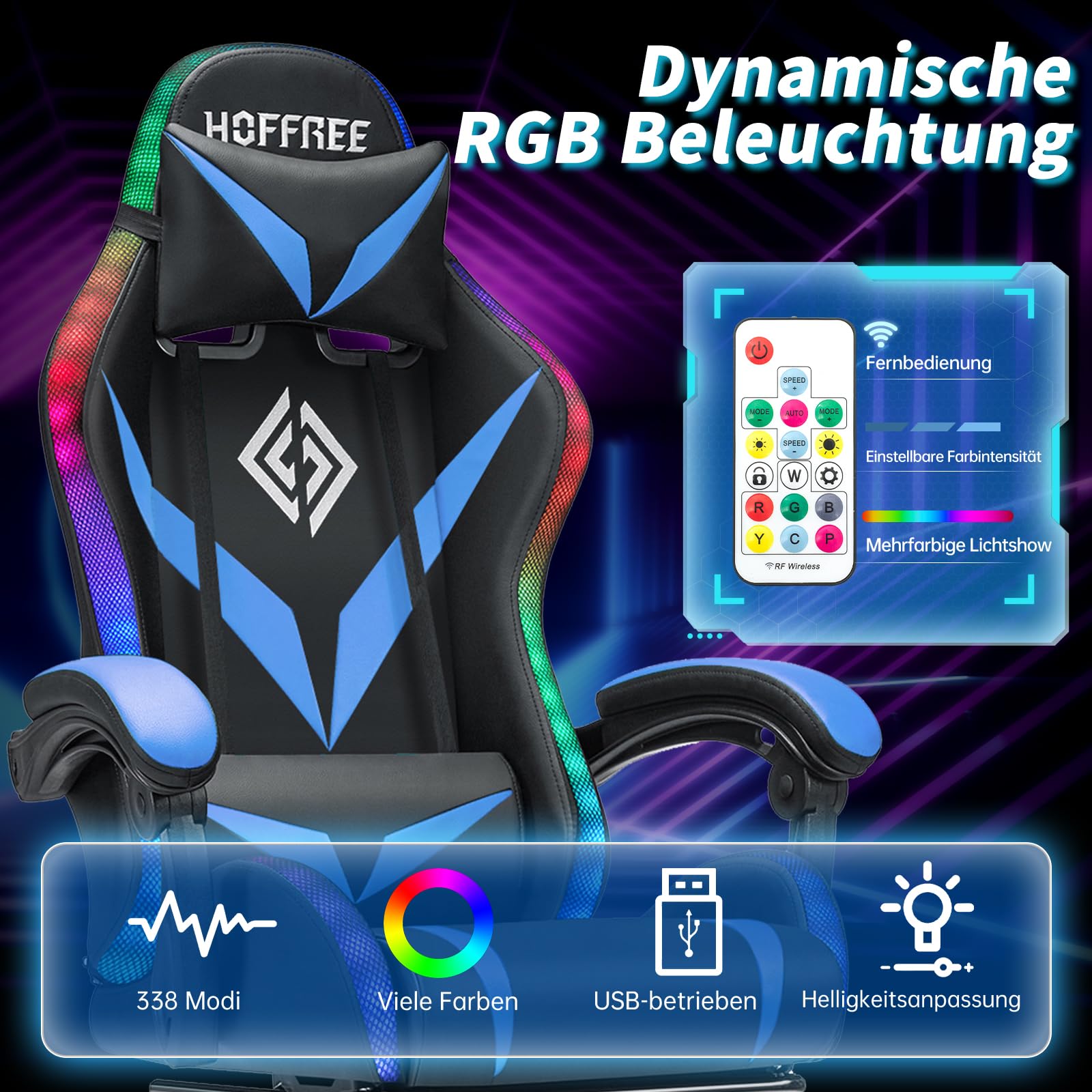 LED Gaming Stuhl mit Lautsprechern 135°Computer Stuhl mit RGB Lichter-Blau | Bluetooth Spielstuhl mit Massage Lumbalstütze;Liegestühle mit Fußbrett;PC Gaming Sessel für Erwachsene Gaming Arbeit Lernen