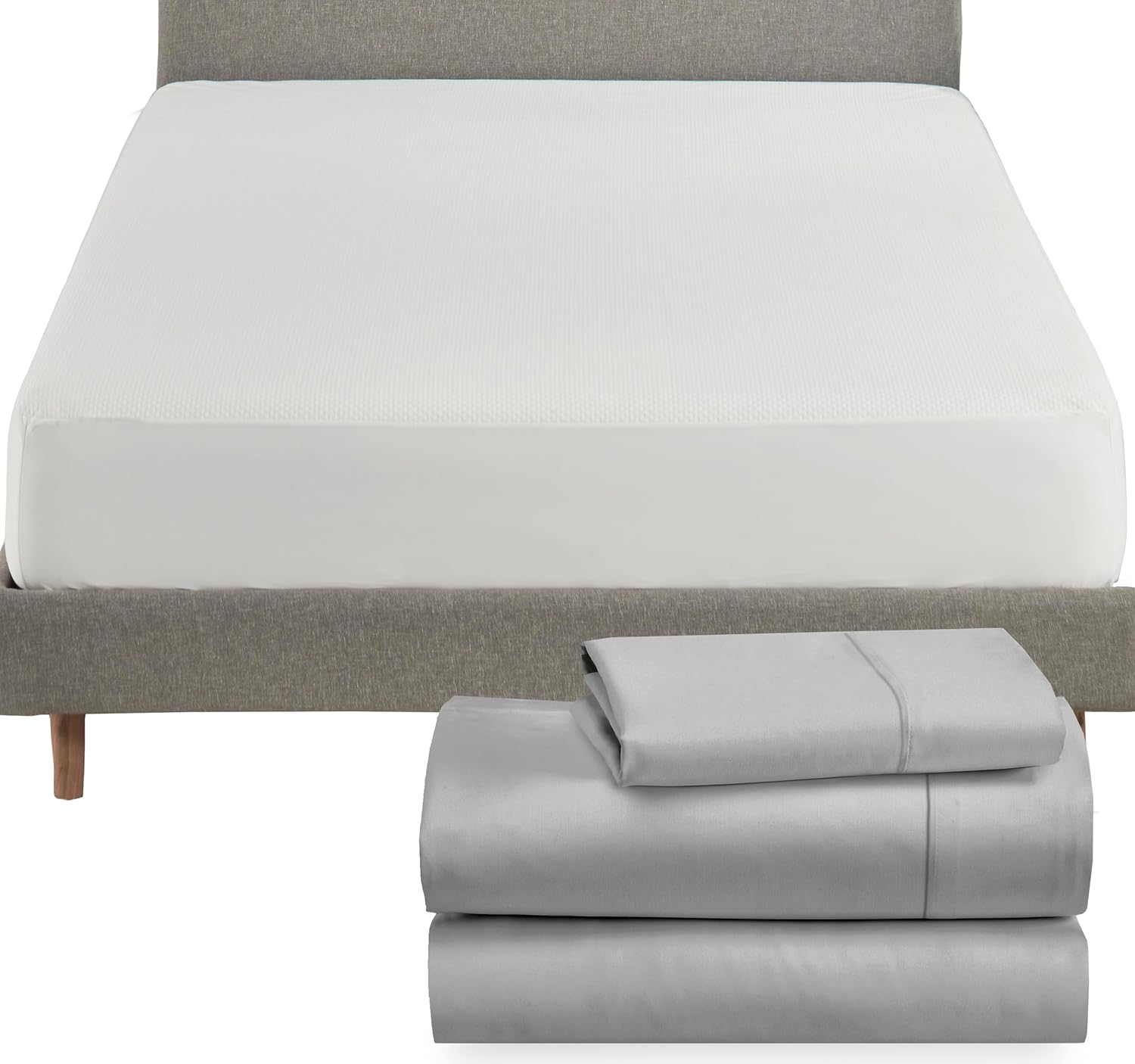 California Design Den 4 Piece Bedding Bundle - 3 Piece Light Grey Sheet Set, 400 Thread Count, 100% Cotton Sateen with 1 White Mattress Protector - Twin