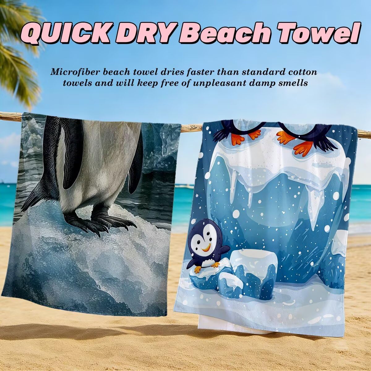 Toalla Playa 80x160 cm, Toalla Gimnasio Microfibra Secado Rapido, Juego de 2 Antiarena Toallas de Playa, Ligera Compacta Toallas Microfibra Grande para Viaje, Regalo Hombre Mujer (Pingüino) -4045