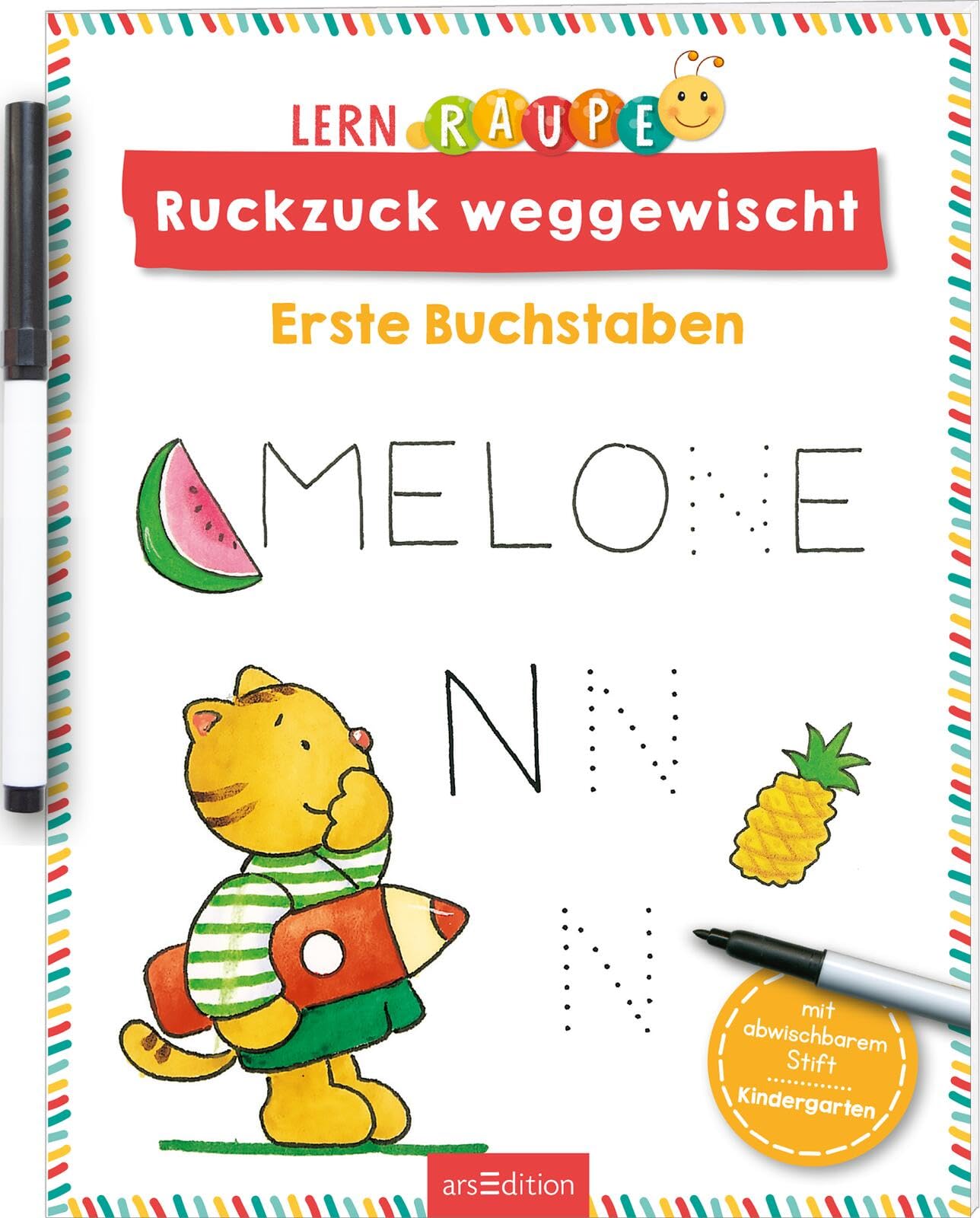 Lernraupe – Ruckzuck weggewischt! Erste Buchstaben: Mit abwischbarem Stift | Lernheft mit Rätseln zum Immer-wieder-Machen | ab 3 Jahren