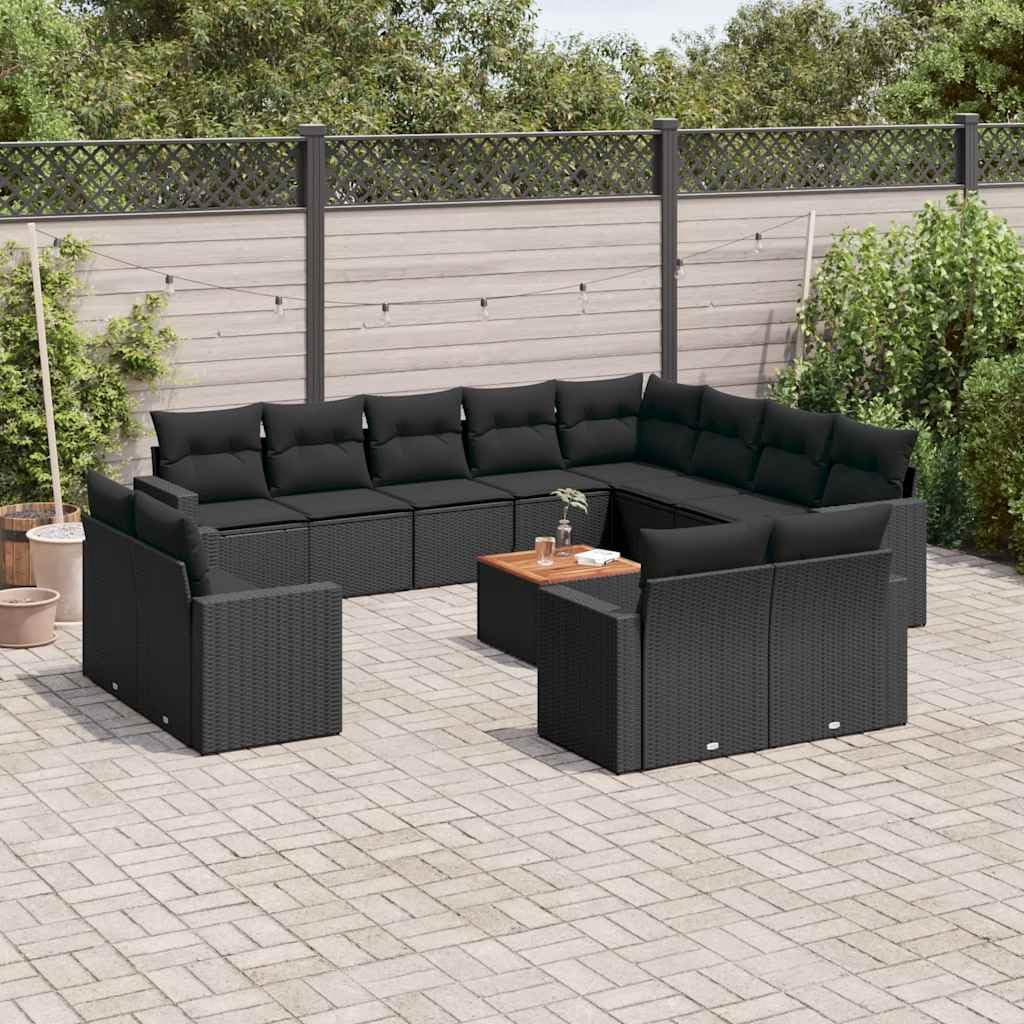 Set da 13 pezzi in polyrattan con cuscini, divano da giardino modulare in rattan sintetico nero, con piano in legno di acacia e rivestimenti sfoderabili e lavabili