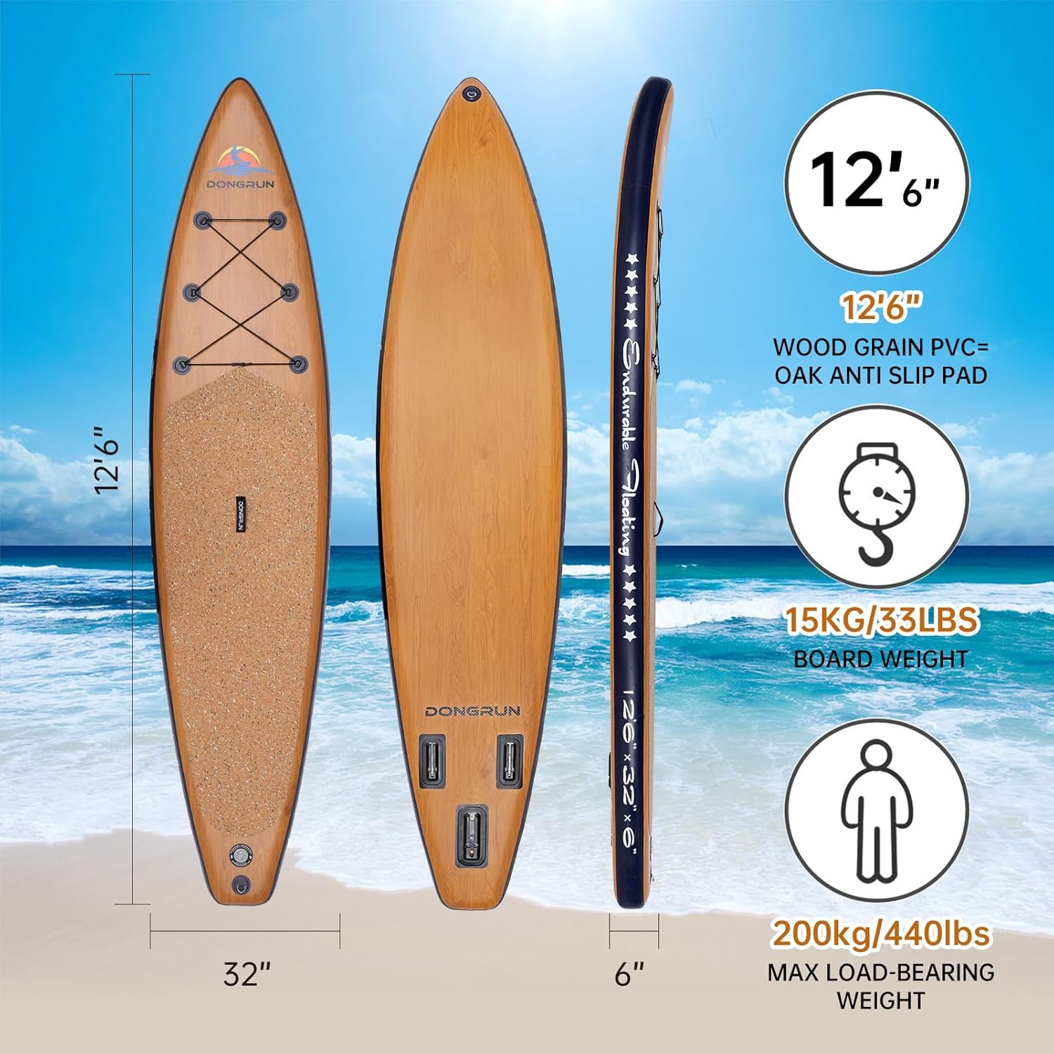 DONGRUN Inflatable Touring Stand Up Paddle Board, Reinforced Single Layer Touring Paddleboard12’6*32“*6 ”with Wood Grain PVC and Oak Non-Slip Mat Package Wood Grain Aluminum Paddle fins Oak Backpack