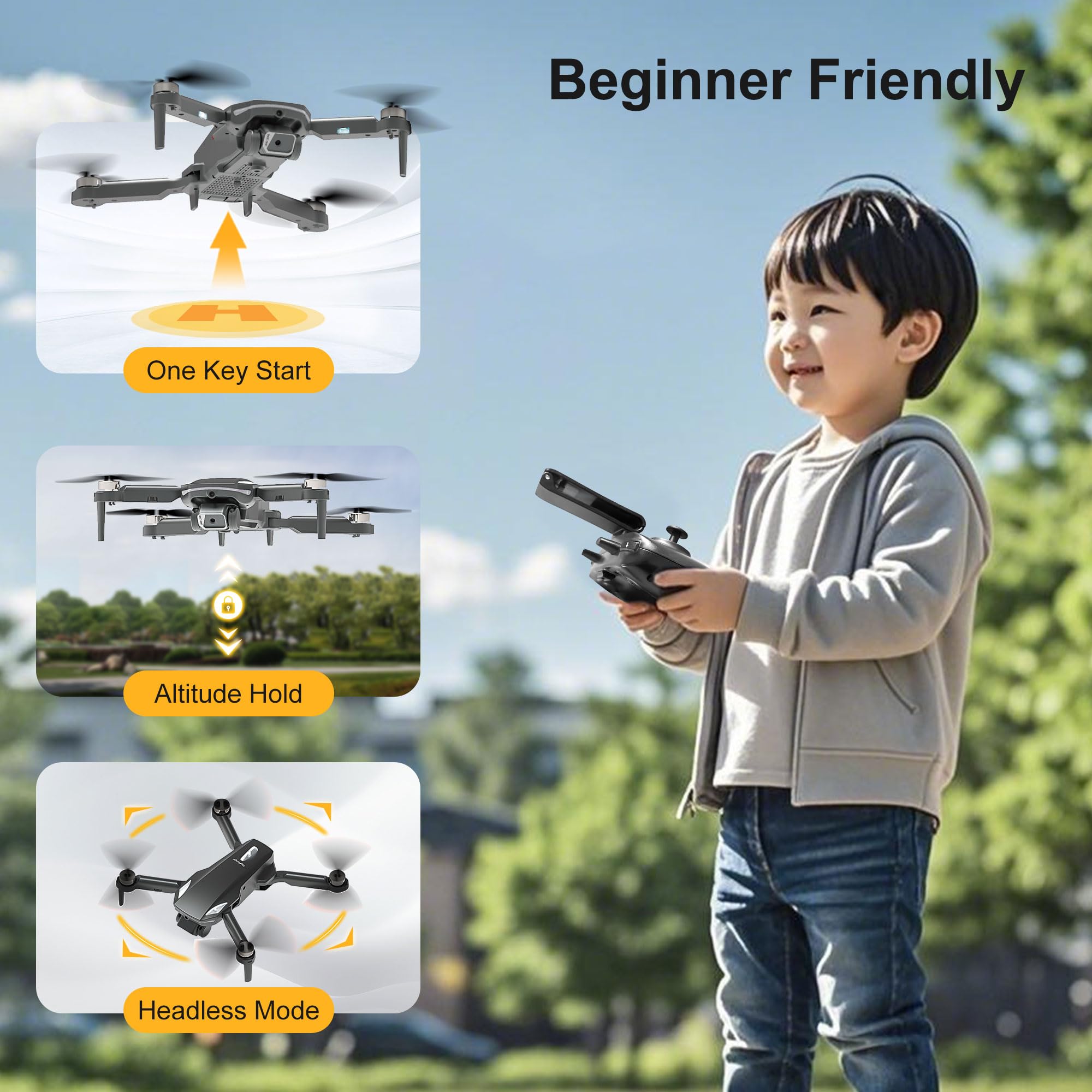 Dron con Cámara 1080P HD Plegable para Niños y Adultos, Motor Sin Escobillas, 2 Baterías (Negro)