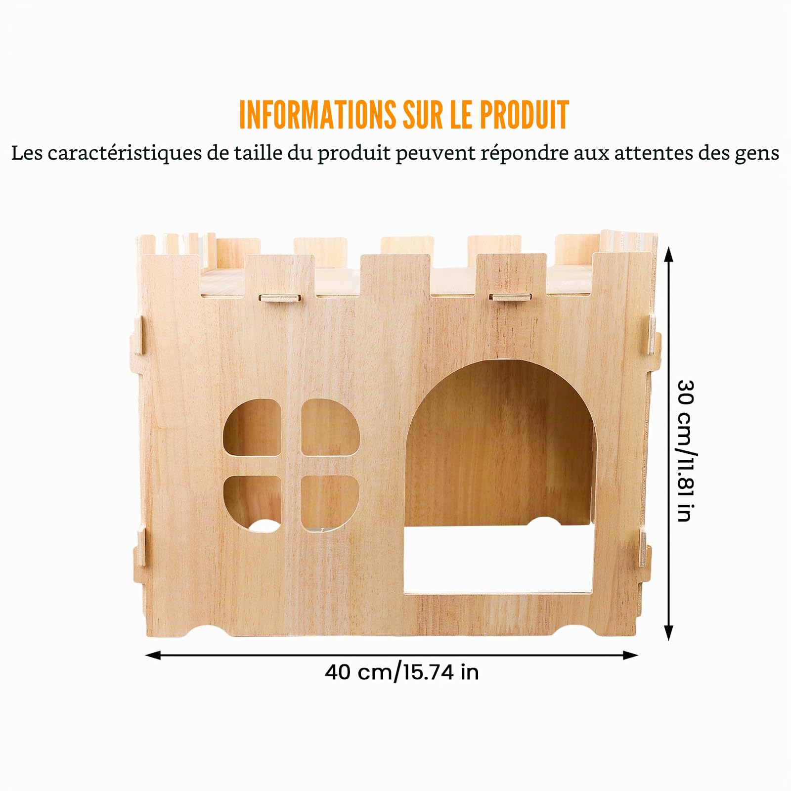 Grande maison pour lapin : grande maison pour lapins pour petits animaux, maison de jeu en bois à cacher, idéale pour les cochons d'Inde, les lapins nains et autres rongeurs (40 x 30 x 30 cm)