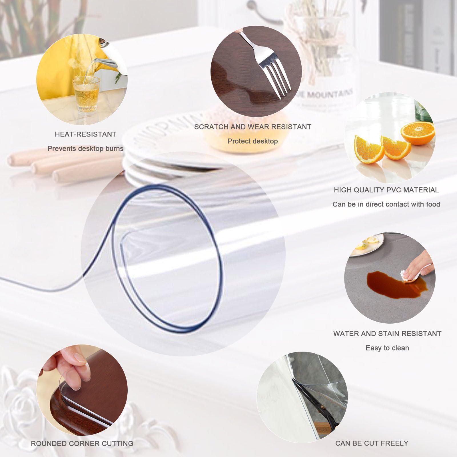 Nappe en PVC transparent de 2 mm d'épaisseur, nappe de table en vinyle résistant à la chaleur pour salle à manger, 75 x 150 cm, protecteur de table en plastique imperméable, parfaite pour la maison et