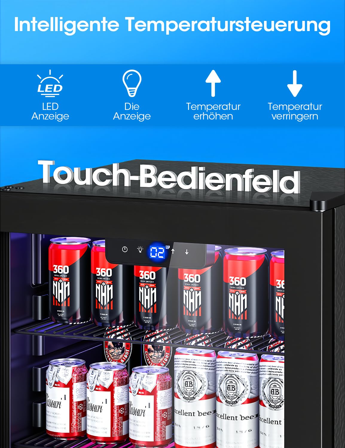 JUMMICO 86L Getränkekühlschrank Frostfrei Leise Energiesparend 126 Dosen 4 Regale