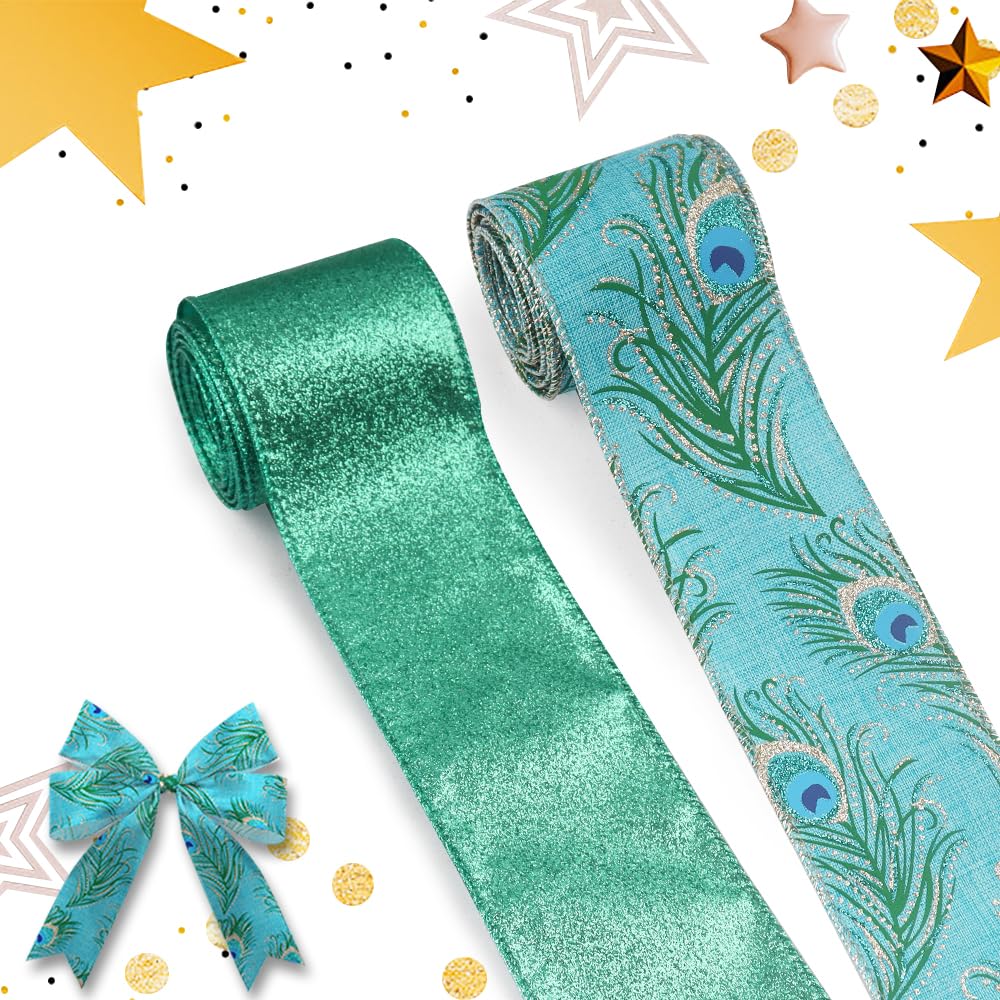 2 Rolls Peacock Fabric Ribbons, Glitter Peacock Wired Ribbons, Winter Peacock Glitter Peacock Decor Ribbons for Christmas Birthday Party Decoration Gift Wrapping Home Party Crafts Decoration Supplies
