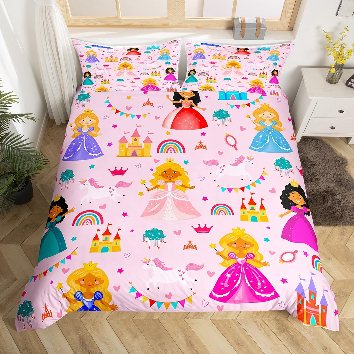 Loussiesd Kids Cute Princess Bedding Set Single Size Girly Loves Comforter Cover for Boys Girls Teens Bedroom Decor Pink Clound Rainbow Duvet Cover Castle Soft 2Pcs