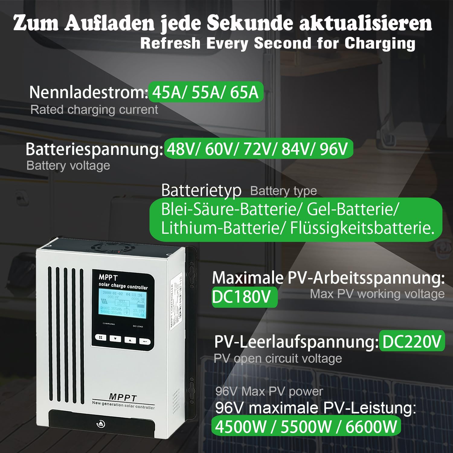 96V 55A MPPT Solarladeregler 48V 60V 72V Solar Reaktivierung einer leeren Batterie DC180V PV Input 5500W for Off Gird Solar System Sealed Gel AGM Flooded Lithium Battery