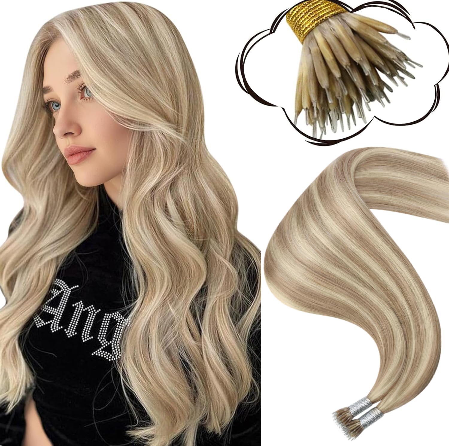 Moresoo Nano Hair Extensions Real Human Hair 16 Inch 50g/Pack Ash Blonde Highlight Nano Beads Hair Extensions Human Hair 1g/s Remy Straight Hair #P18/613 — view 48