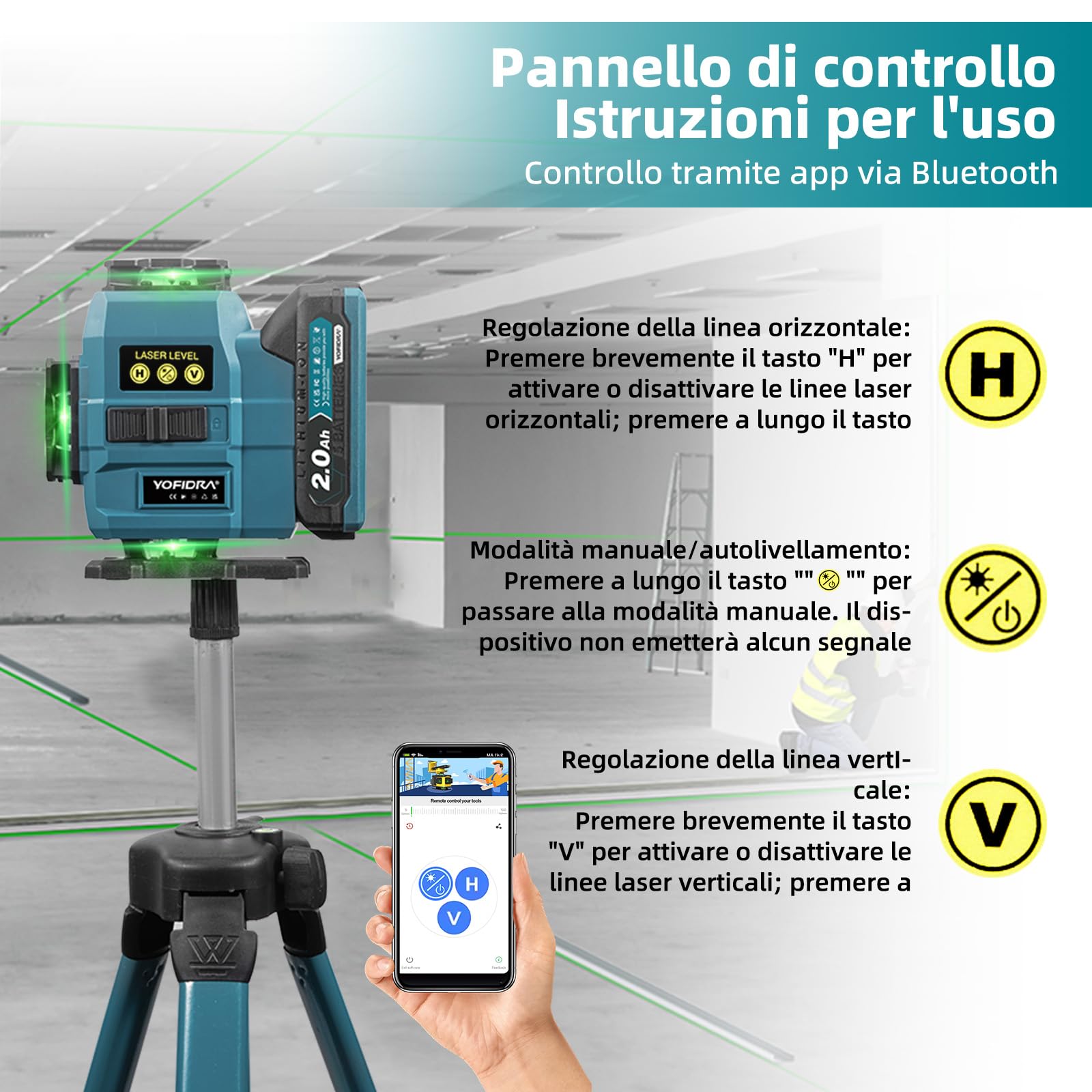 Yofidra Livella Laser con Treppiede - Laser a Linee Incrociate, Laser Autolivellante 4 x 360°, 4D 16 Linee, con 2 Batterie da 2000 mAh, Telecomando, IP54, per Cantieri, Interni