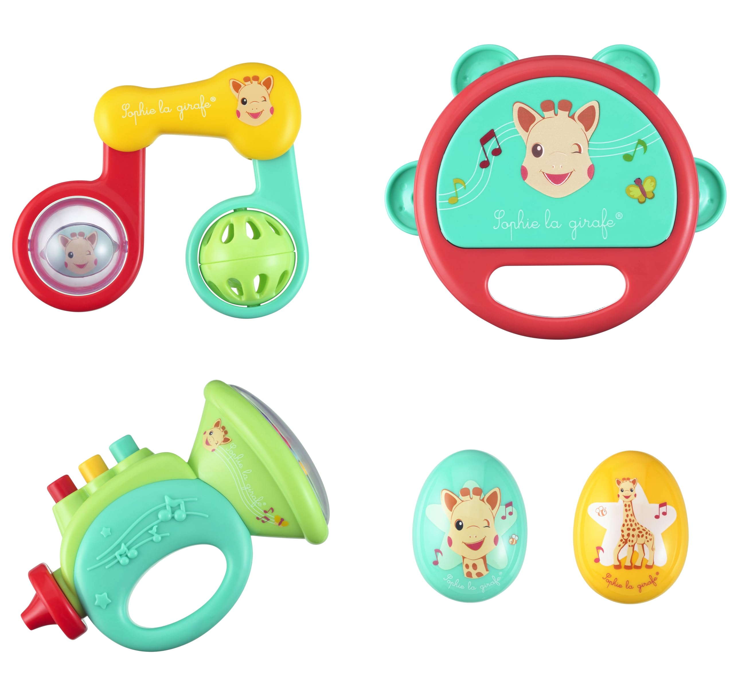 Sophie la Girafe - Mon Premier Coffret Musical – Jouet d’Éveil Sonore Bébé 6 Mois+ – 4 Instruments Faciles à Saisir – Tambourin, Maracas, Trompette et Hochet – Idée Cadeau Naissance – Fresh Touch