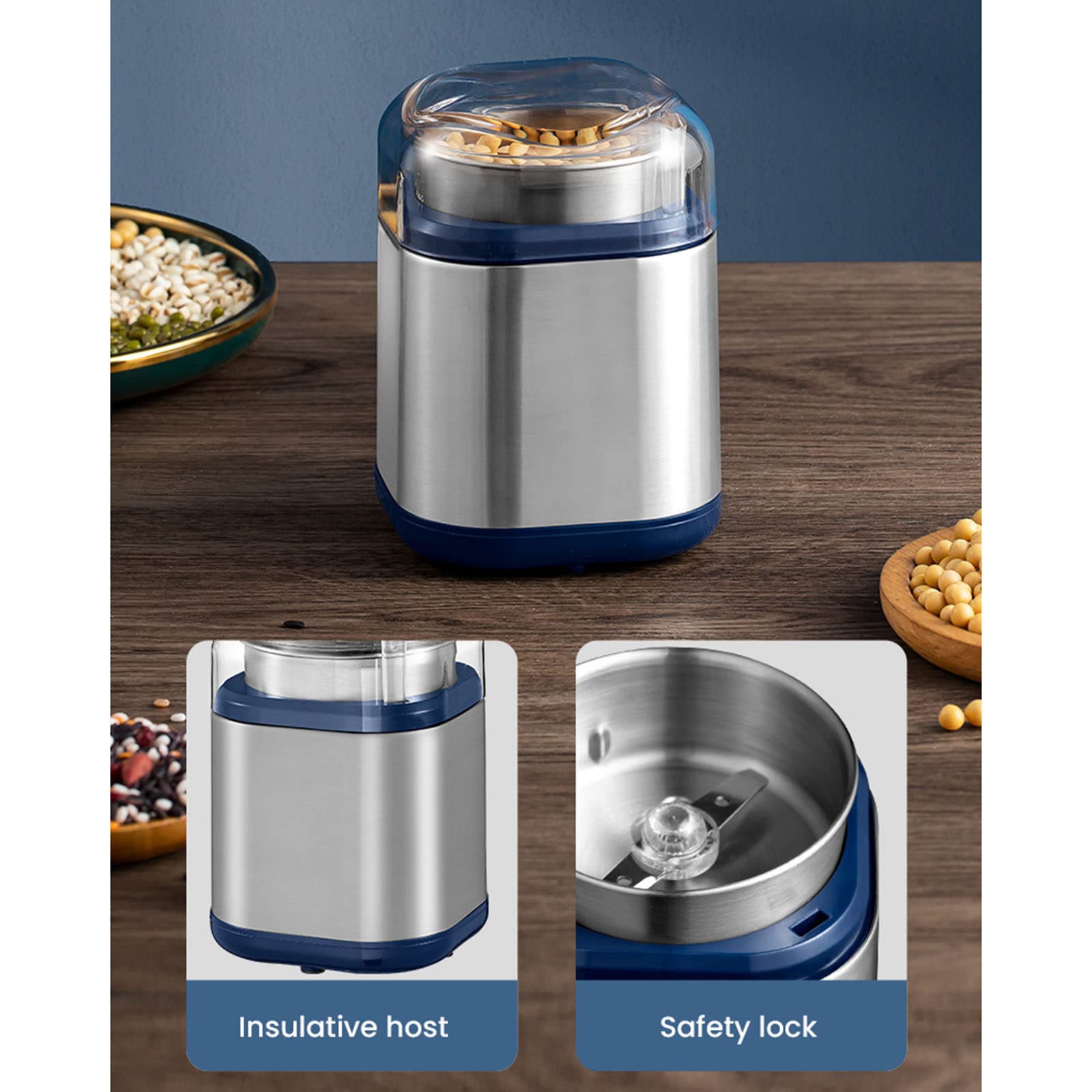Mini macinacaffè elettrico Potente caffè Erba Noci Erbe Grani Pepe Macinino per tabacco Macchina per smerigliatrice di chicchi di caffè,Silver