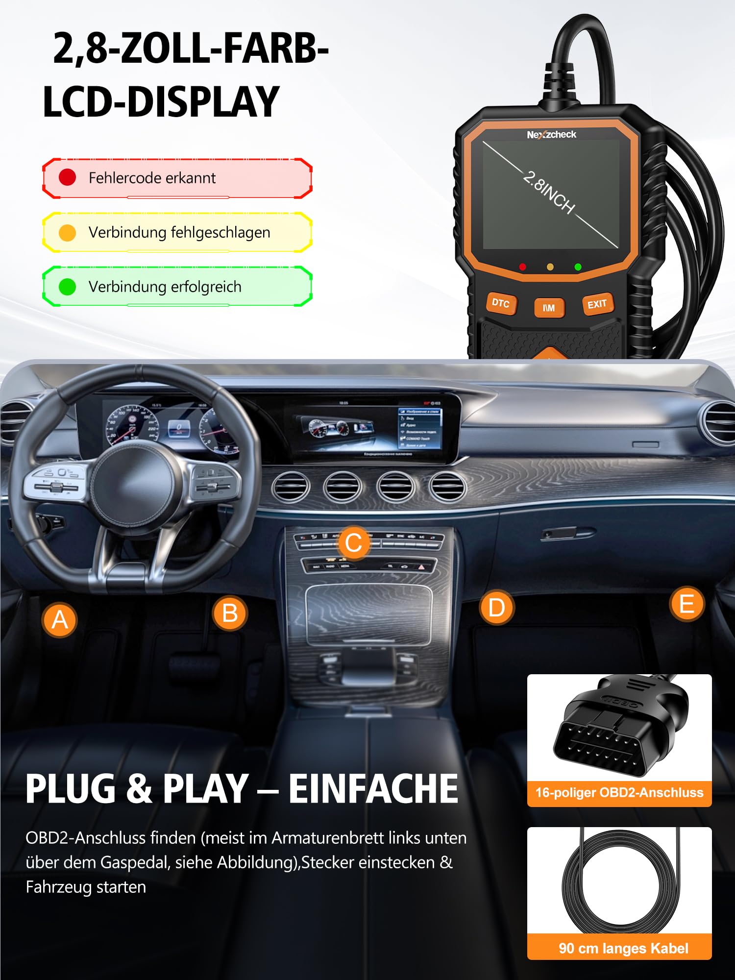 OBD2 Diagnosegerät OBD Auto Adapter: EOBD Auto Diagnose mit Vollständigen OBD-II Funktionen Motor Fehlerauslesegerät für BMW VW Mercedes Audi KFZ Diagnosegerät Deutsch für Alle OBD2 Scanner Fahrzeuge