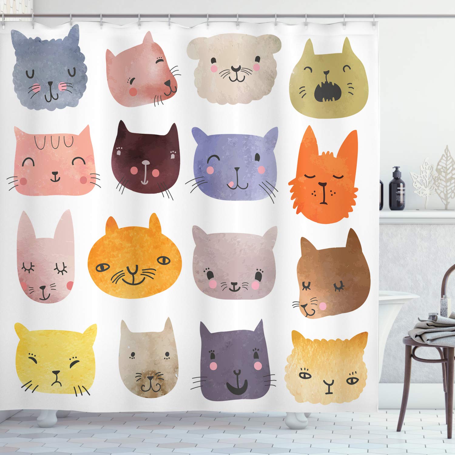 Ambesonne Cat Shower Curtain, Watercolor Effect Cat Heads in Colorful Humor Fun Purring Meow Animal, Cloth Fabric Bathroom Decor Set with Hooks, 69