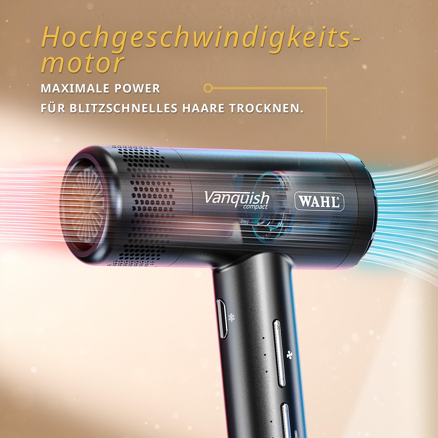 WAHL Vanquish Compact Grey Hair Dryer – Leichter Profi-Haartrockner mit leistungsstarkem Digitalmotor, 3 Hitze- und Geschwindigkeitsstufen, Kaltluftfunktion, Selbstreinigungsfunktion und Aufsteckdüsen