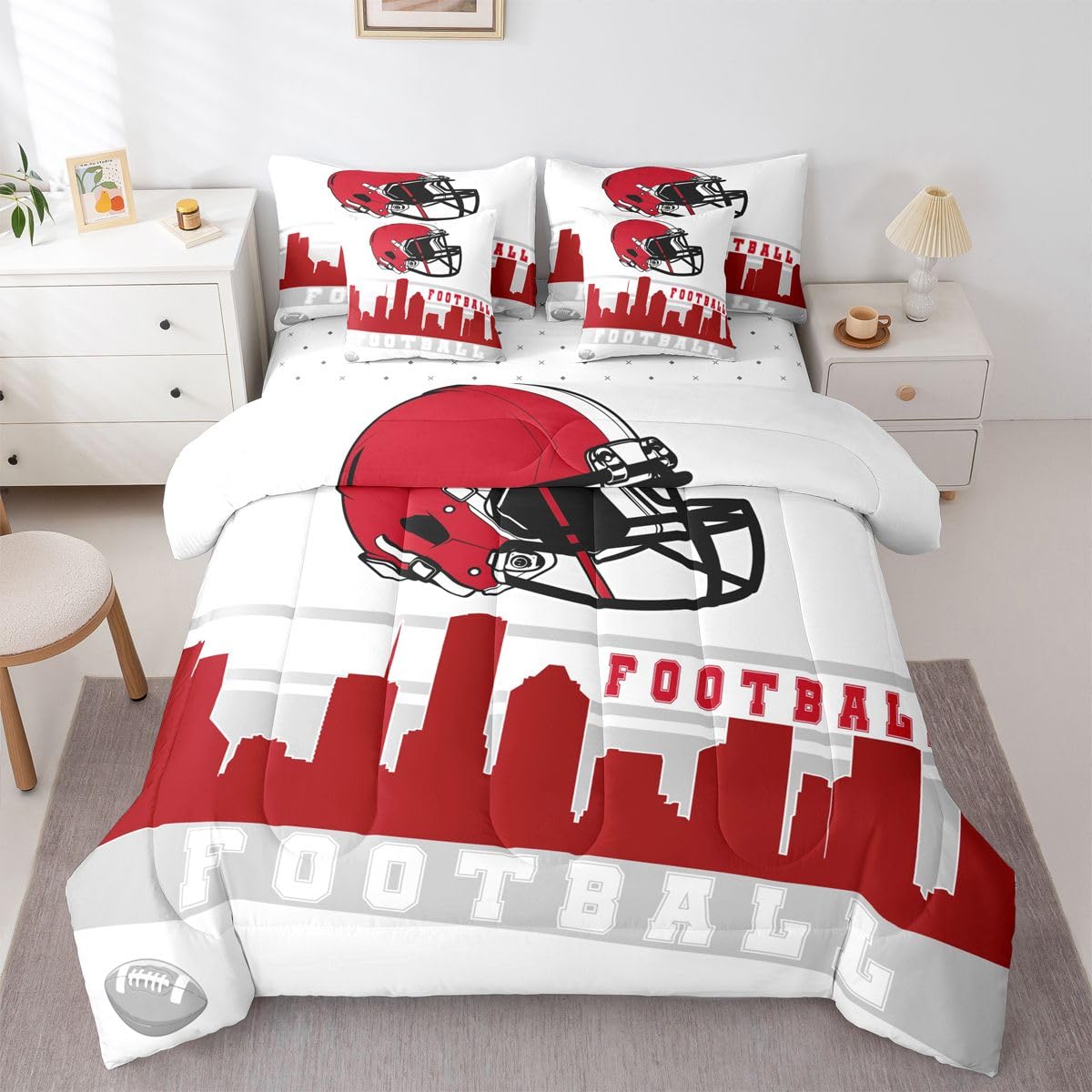 Erosebridal Football City 7 Pcs Comforter Set King Football Bedding Boys Girls Red Grey Rugby Game Sheet Set Bed in A Bag Football Fans Bedroom Decor Sports Ball Competition Quilt