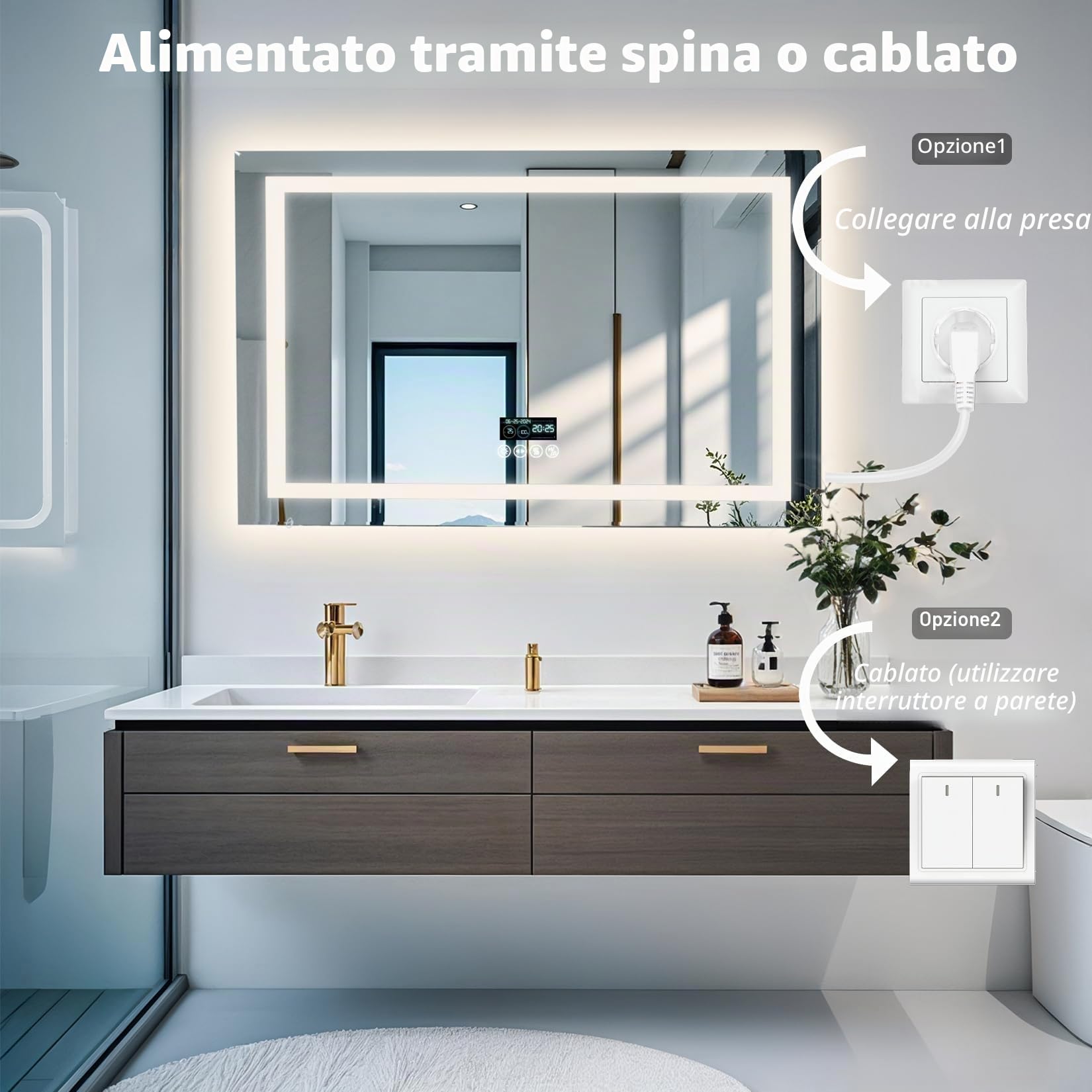LUVODI Bluetooth Ora Data Specchio Bagno Led Luce Antiappannamento 80x60cm 3000K-6000K Dimmerabile 3 Colori Luce Funzione Memoria Specchio in Resina Specchio Retroilluminato Bagno