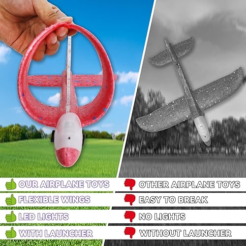 Miniatura 5 de Paquete de 3 juguetes de lanzamiento de aviones con luz LED, catapulta de espuma planeador de juguetes con 3 calcomanías de bricolaje, 2 modos de