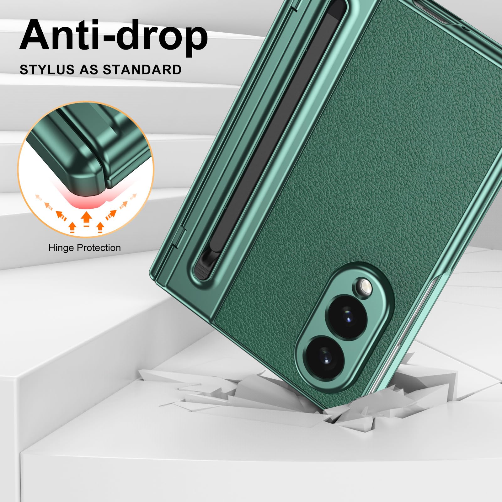 Custodia Business Per Samsung Galaxy Z Fold 8, Pelle, Penna, Pellicola | Pelle fiore business con portapenna. Antishock, antimpronta, cover pellicola schermo(Green)