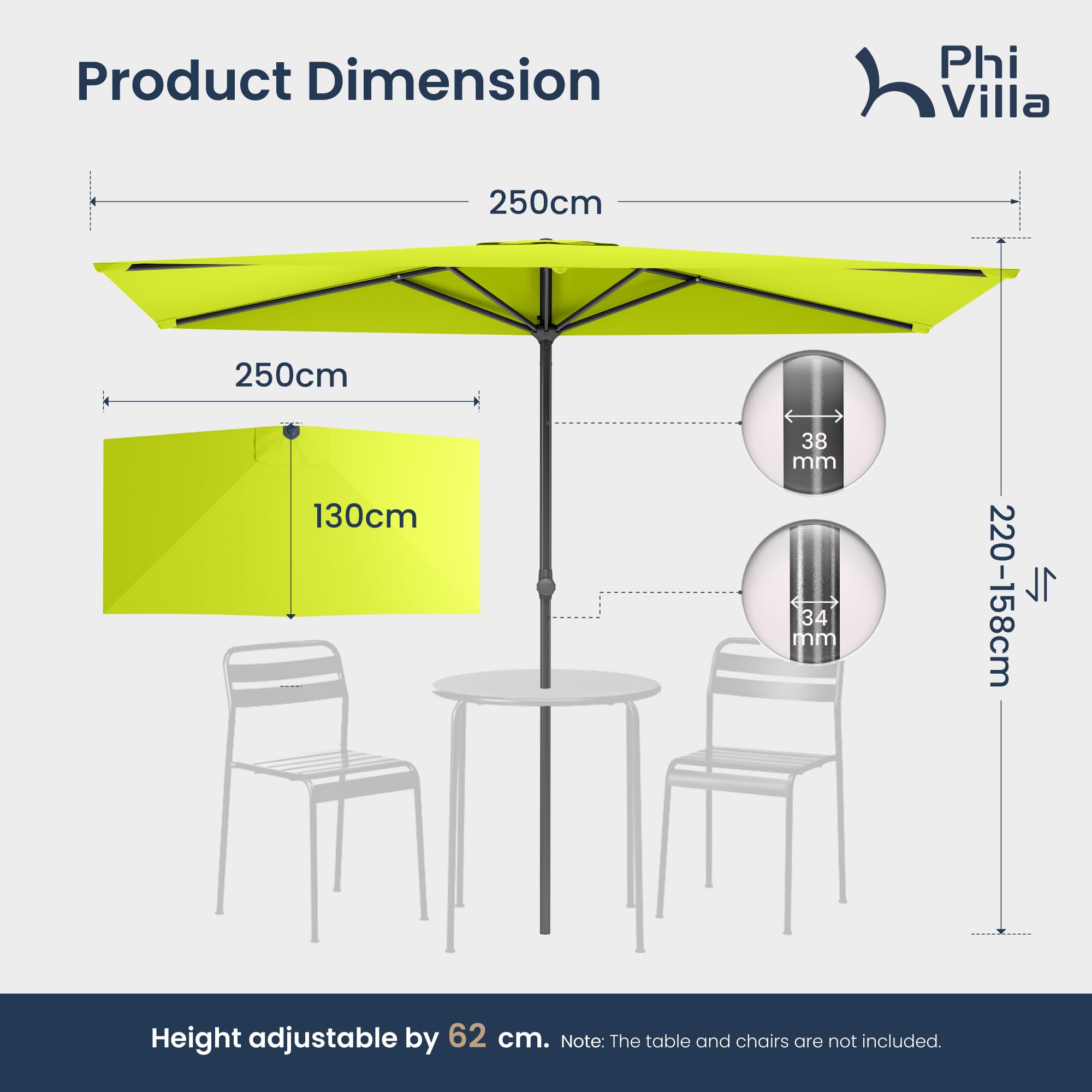 PHI VILLA 2.5x1.3m Half Parasol with Clamp, Height Adjustable Patio Umbrella, Space Saving Rectangle Garden Parasol - Image 2
