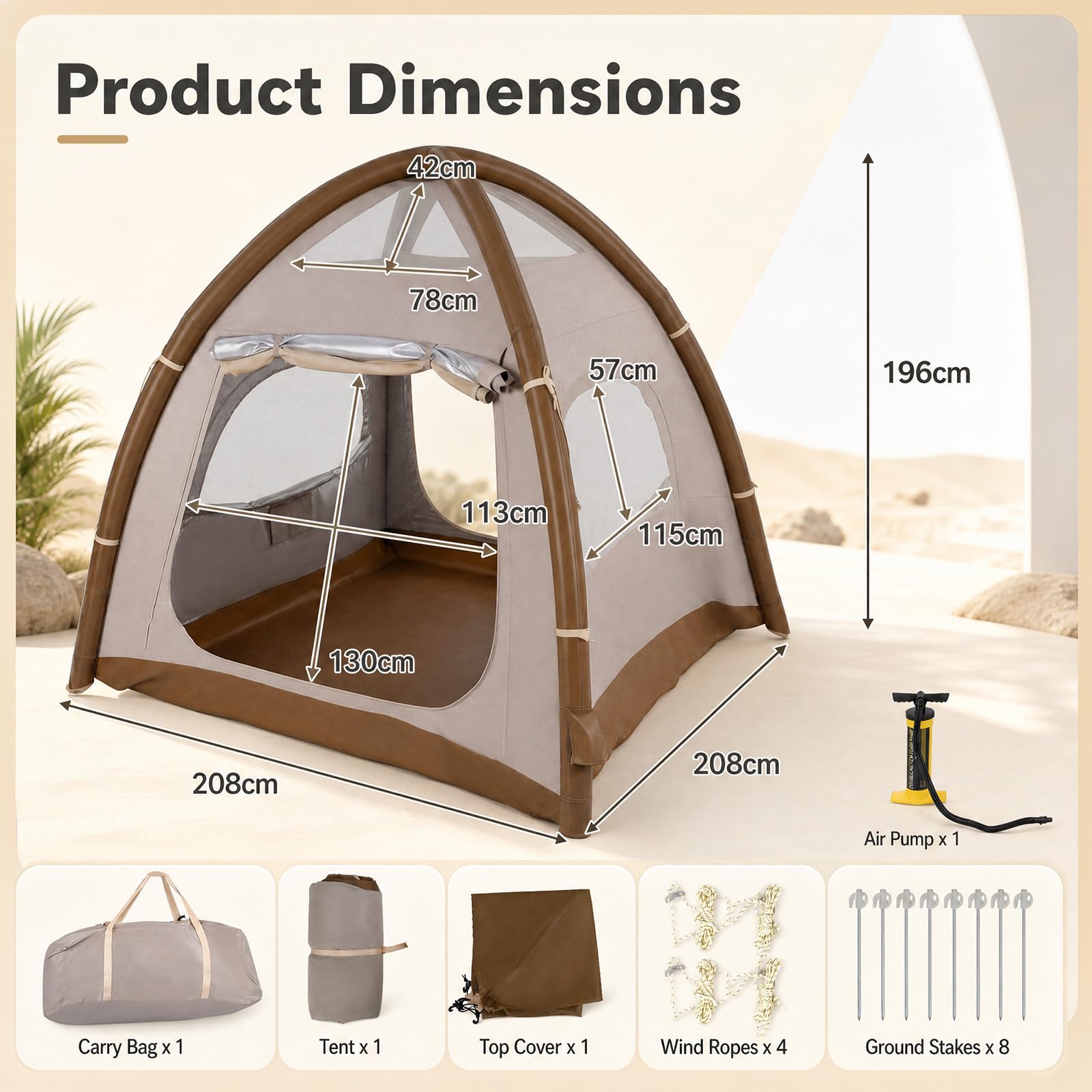 HOMASIS Tenda Gonfiabile da Campeggio 2-4 Posti, 208 x 208 x 196 cm | Tenda Esterna con Pompa Manuale, Copertura Rimovibile, Lucernari e Finestre Traspiranti, Tendone Impermeabile con Borsa