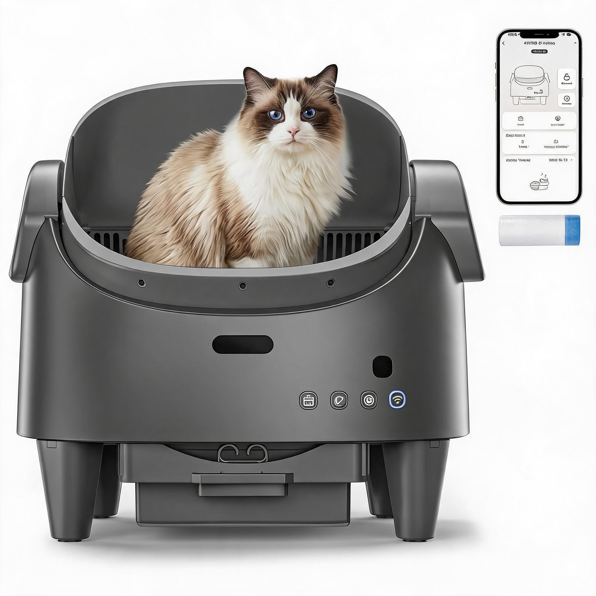 7.8L Automatic Self-Cleaning Litter Box, 3 Adjustable Height Open-Type Smart Litter Box, APP-Controlled, Quiet Operation, ABS Plastic 4075B-5, 41 x 54 x 55 cm, Grey