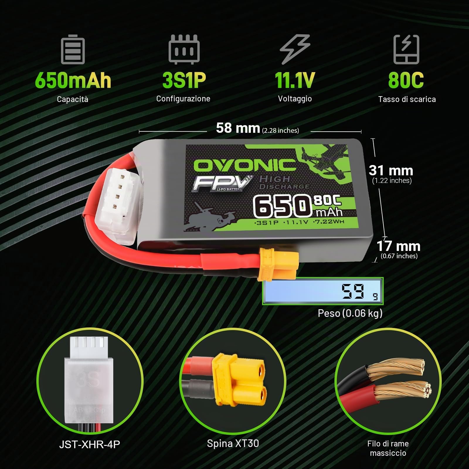 OVONIC Batteria Lipo 80C 650mAh 11.1V con XT30 per RC aereo quadcopter elicottero FPV Racing Drone (2PCS)