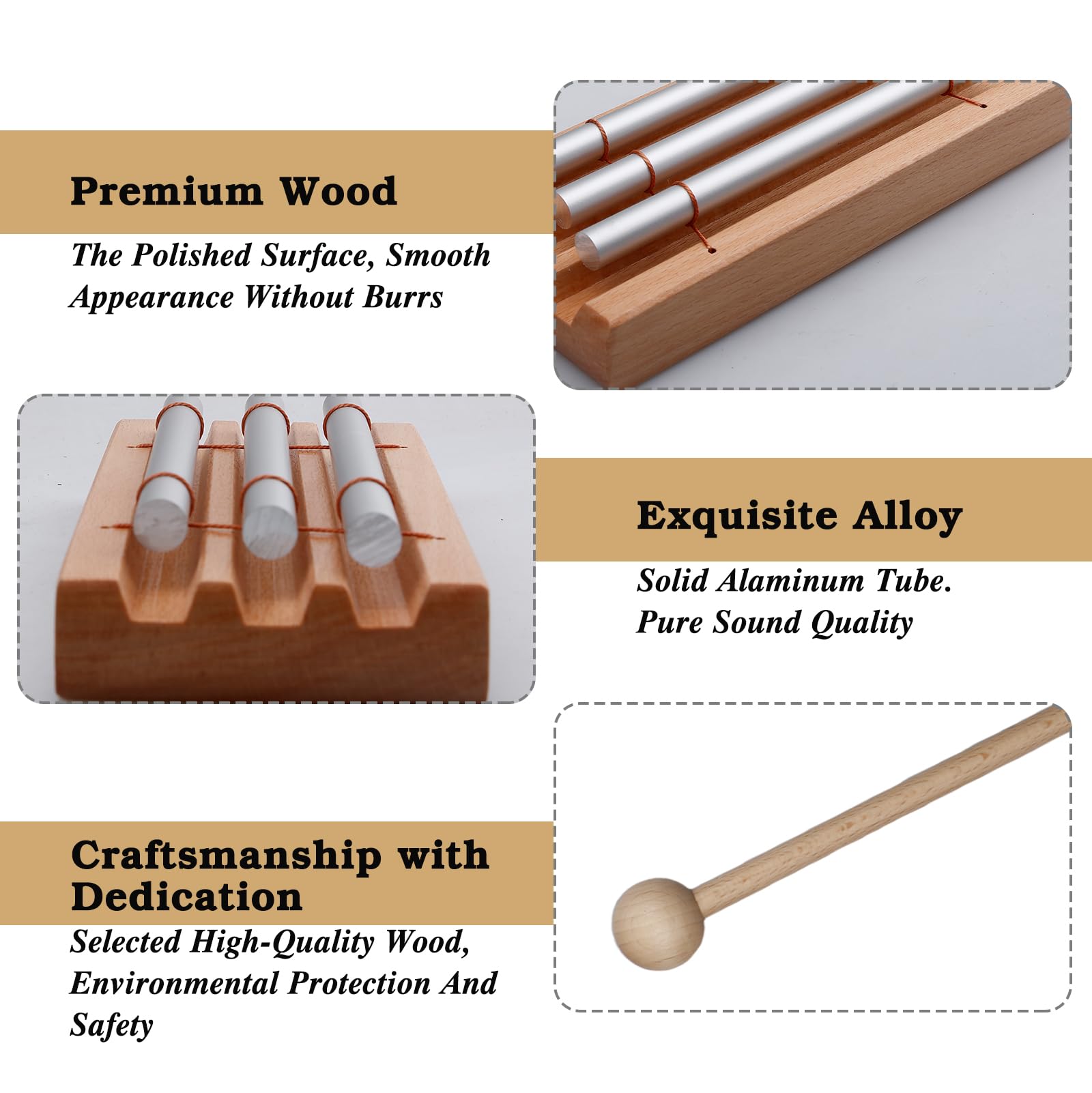 BAIFULAI Energy Chime: Varilla de sonido de 3 tonos con mazo de madera, campanilla de energía de 3 tonos, timbre de energía de 3 tonos, para educación musical, regalo, oración, yoga, meditación