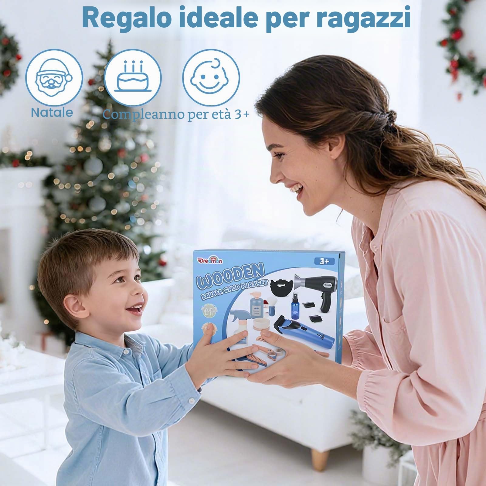 Dreamon Barber Shop per Bambini di Legno, Set da Parrucchiere di legno per Bambini con Asciugacapelli Rasoio Barba Finta Grembiule e Borsa Portaoggetti Regalo per 3 4 5 6 7 Anni