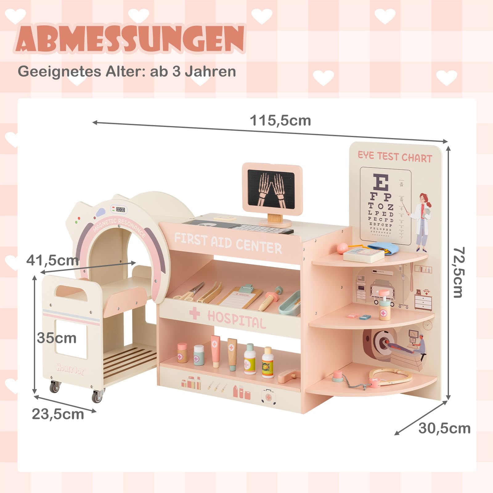 DREAMADE Arztspielset für Kinder, Krankenhaus aus Holz mit Sehtest, CT-Spielgerät & Röntgenapparat, Arzt Rollenspielzeug mit 20 Zubehörteilen für Kinder ab 3 Jahren (Rosa)