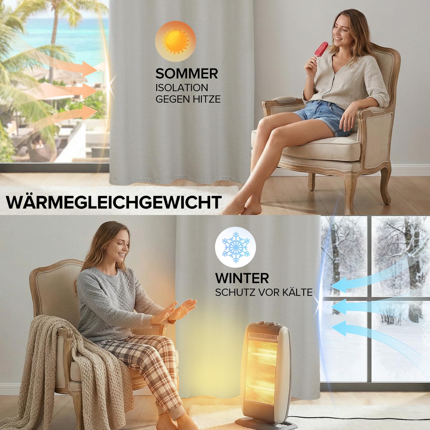 100% Vorhänge Blickdicht Leinenoptik, Verdunklungsvorhänge Leinen 2er Set, H 175 x B 140 Thermovorhang Hitzeschutz Hellbeige Gardinen mit Ösen Lärmschutzvorhang für Schlafzimmer Wohnzimmer