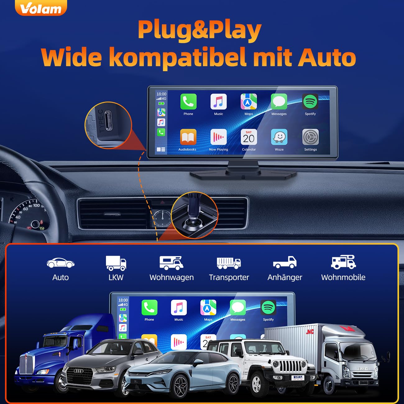 Volam 9.26 Zoll CarPlay Display,Tragbares Autoradios kompatibel mit Apple CarPlay&Android Auto,Car play IPS Touch Screen,Carplay Bildschirm mit siri/GOO-gle,GPS Navigation,Blue-tooth,Mirror Link