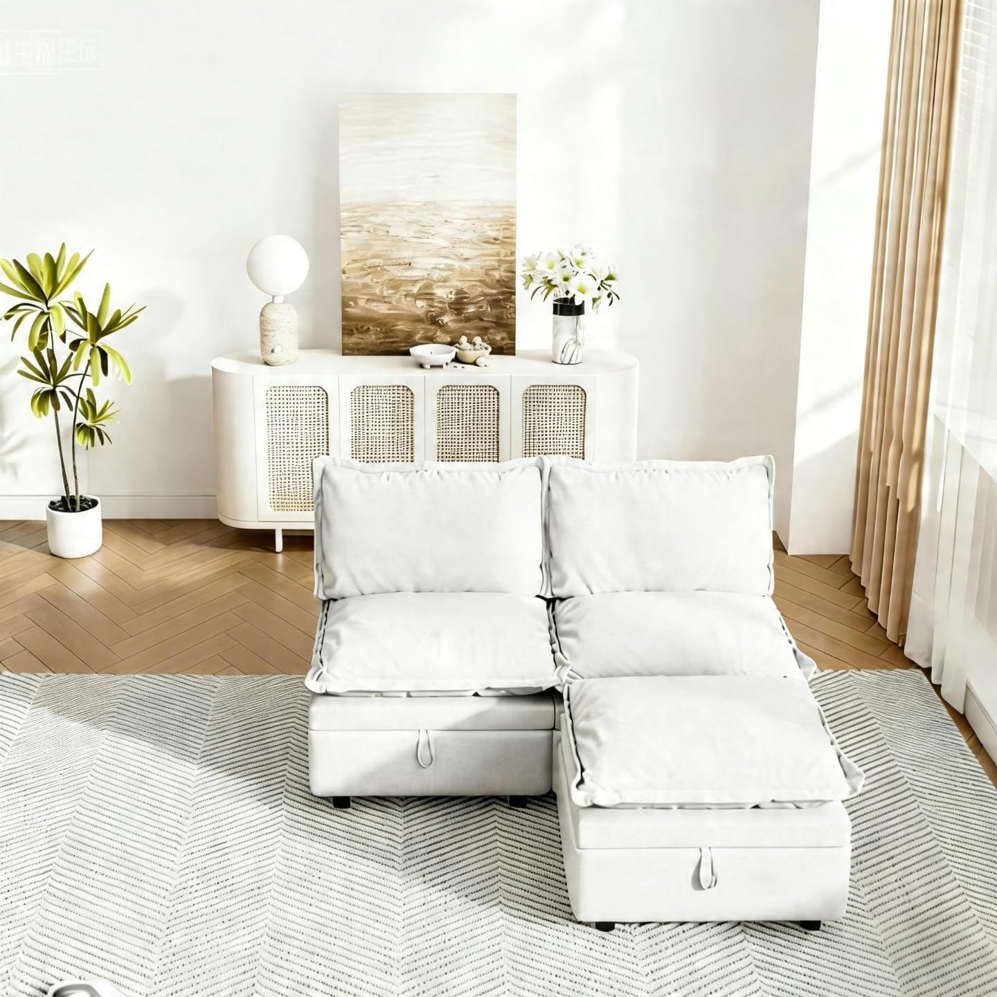 80.5" L Shaped Modular Sectional Sofa, 3 Seater Cloud Couch with Ottoman, Chenille Deep Seat Couch for Living Room Small Spaces, Beige