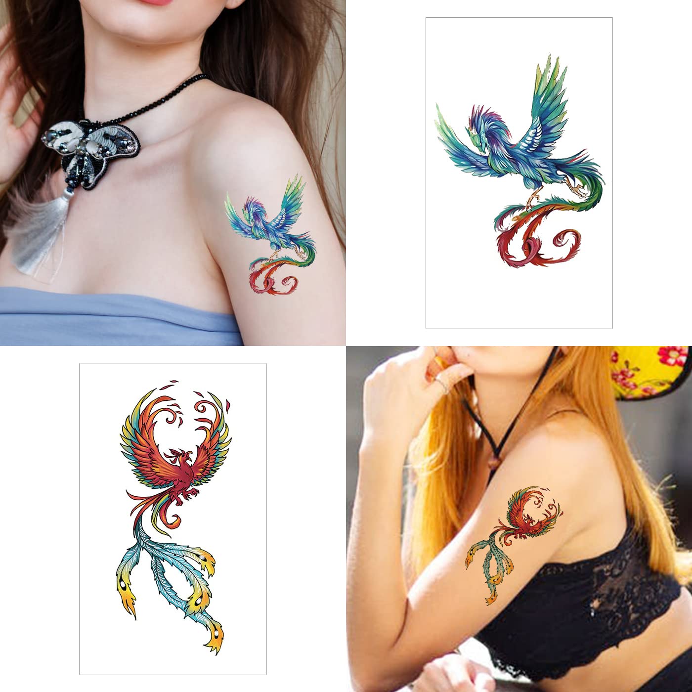 10 Sheets Phoenix Dragon Temporary Tattoos for Kids Women Men Adults, Colorful Firebird Fantastic Ornithology Animals Hand Fake Tatoo Stickers For Neck Arm Leg Chest Body (different design)