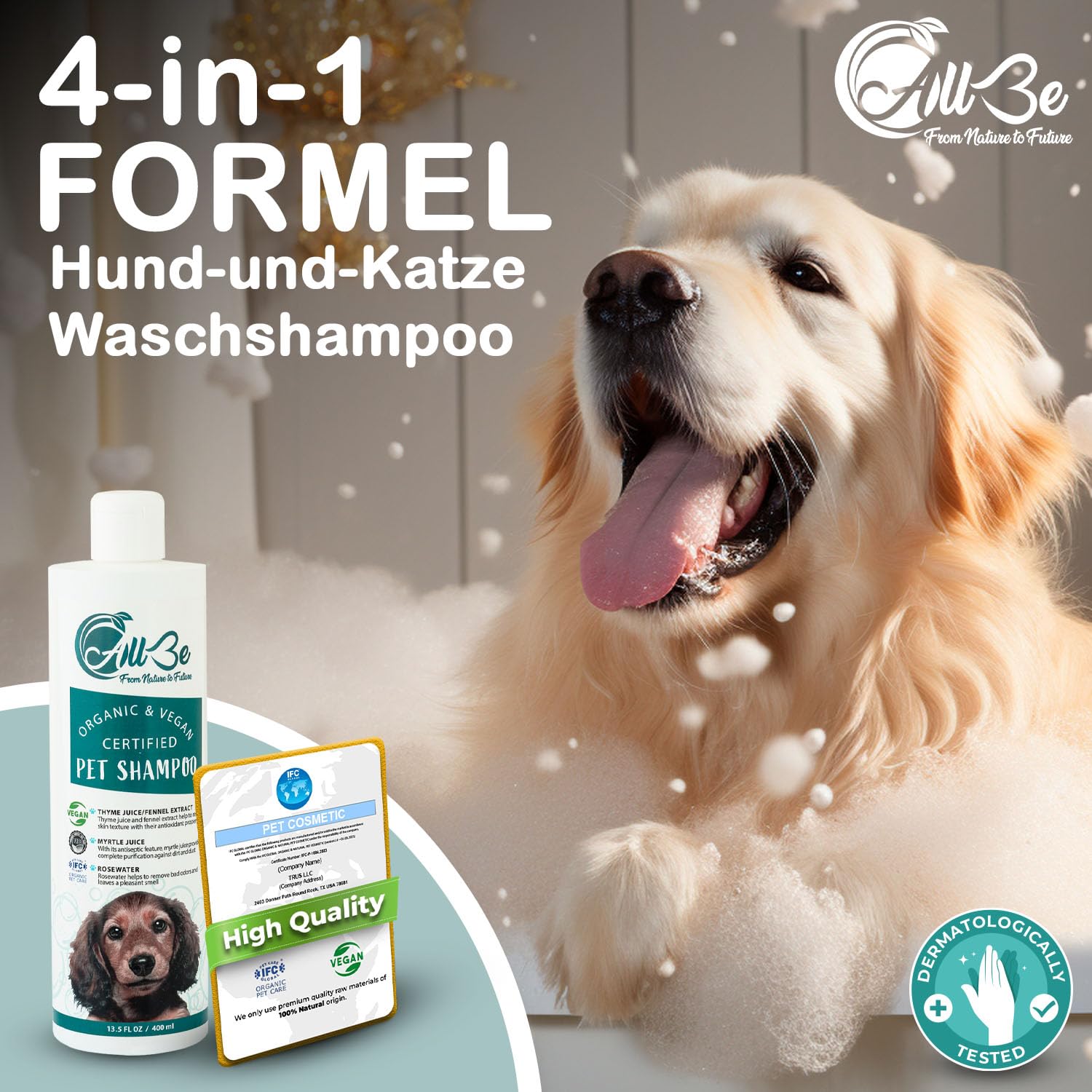 Hundeshampoo 400 ml - 3 Stück - Bio -100% Vegan-Tierwaschmittel-Katzenshampoo - Sicher für Normale, juckende, empfindliche und trockene Haut - desodorierende und feuchtigkeitsspendende (3 Pack)