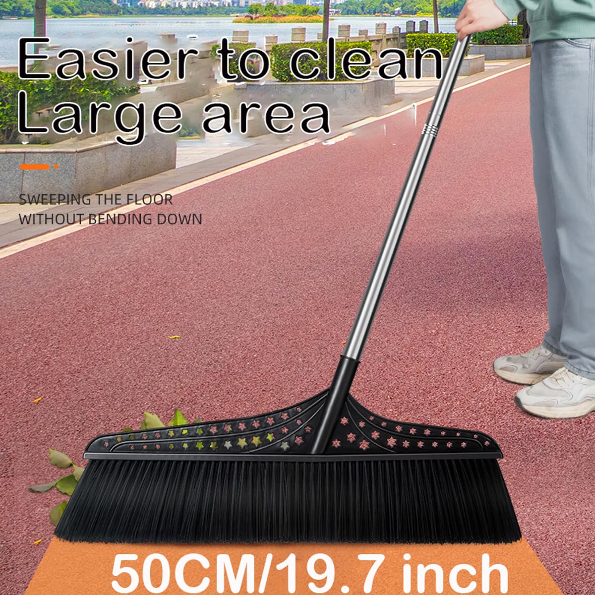 Scopa angolare resistente per esterni, con setole rigide con manico lungo 50,8 cm di larghezza, 129,5 cm, perfetta per vialetti, cortili, aree industriali, hall, centri commerciali, garage, legno,