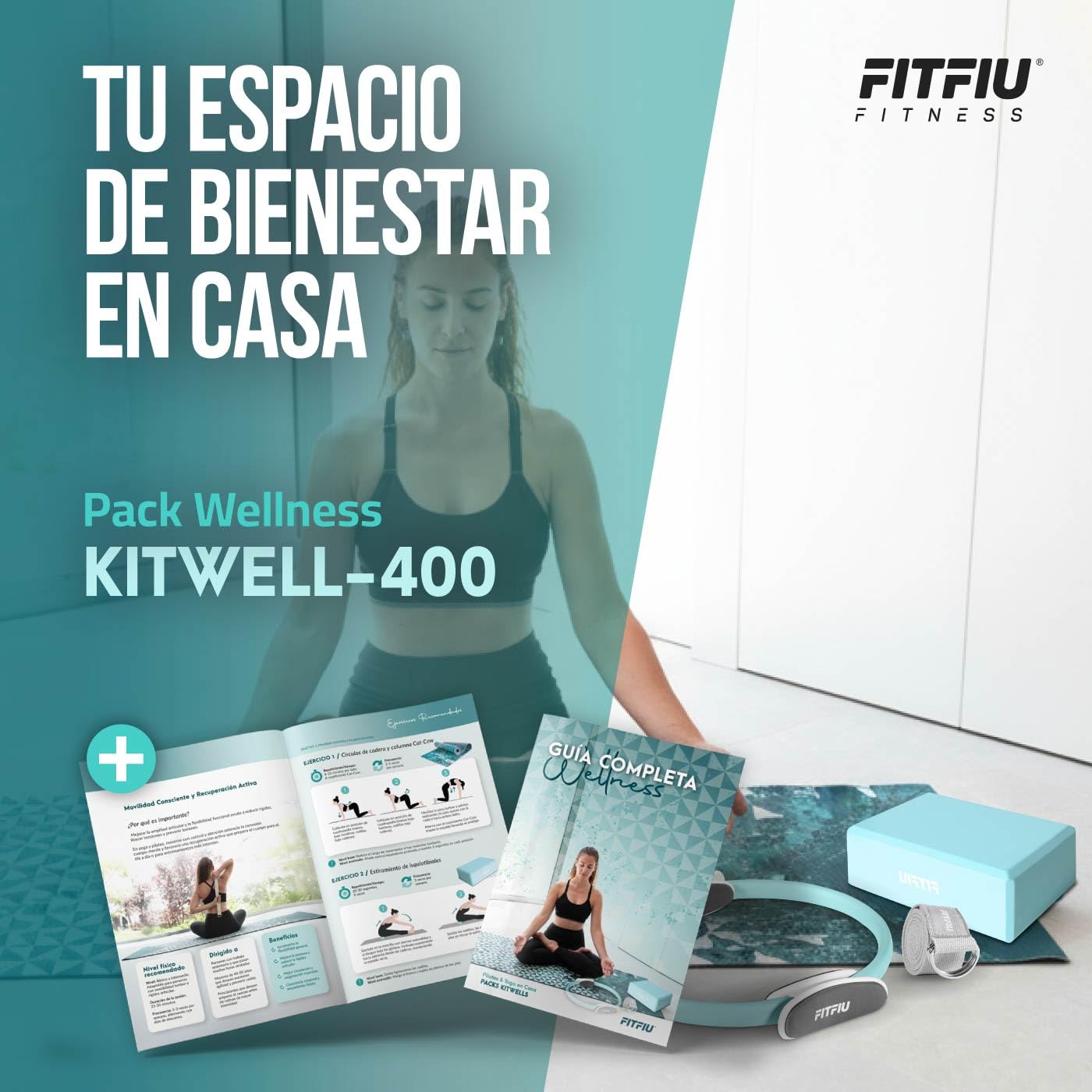Set de Pilates con Esterilla y Correa FITFIU Fitness KITWELL con Accesorios para Yoga y Guía de Ejercicios Wellness