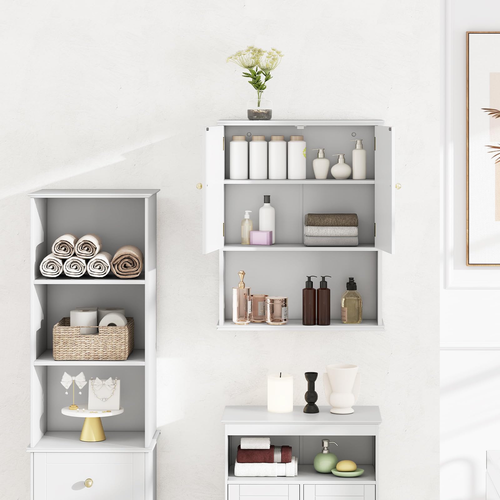 LIFEZEAL Mobiletto Bagno Salvaspazio da Parete, Bianco, Pensile Bagno Sospeso, Armadietto, con Ripiano Regolabile, Scomparto Aperto, Mobile, Moderno, per Cucina, Lavanderia, in Legno, 60x21x75cm