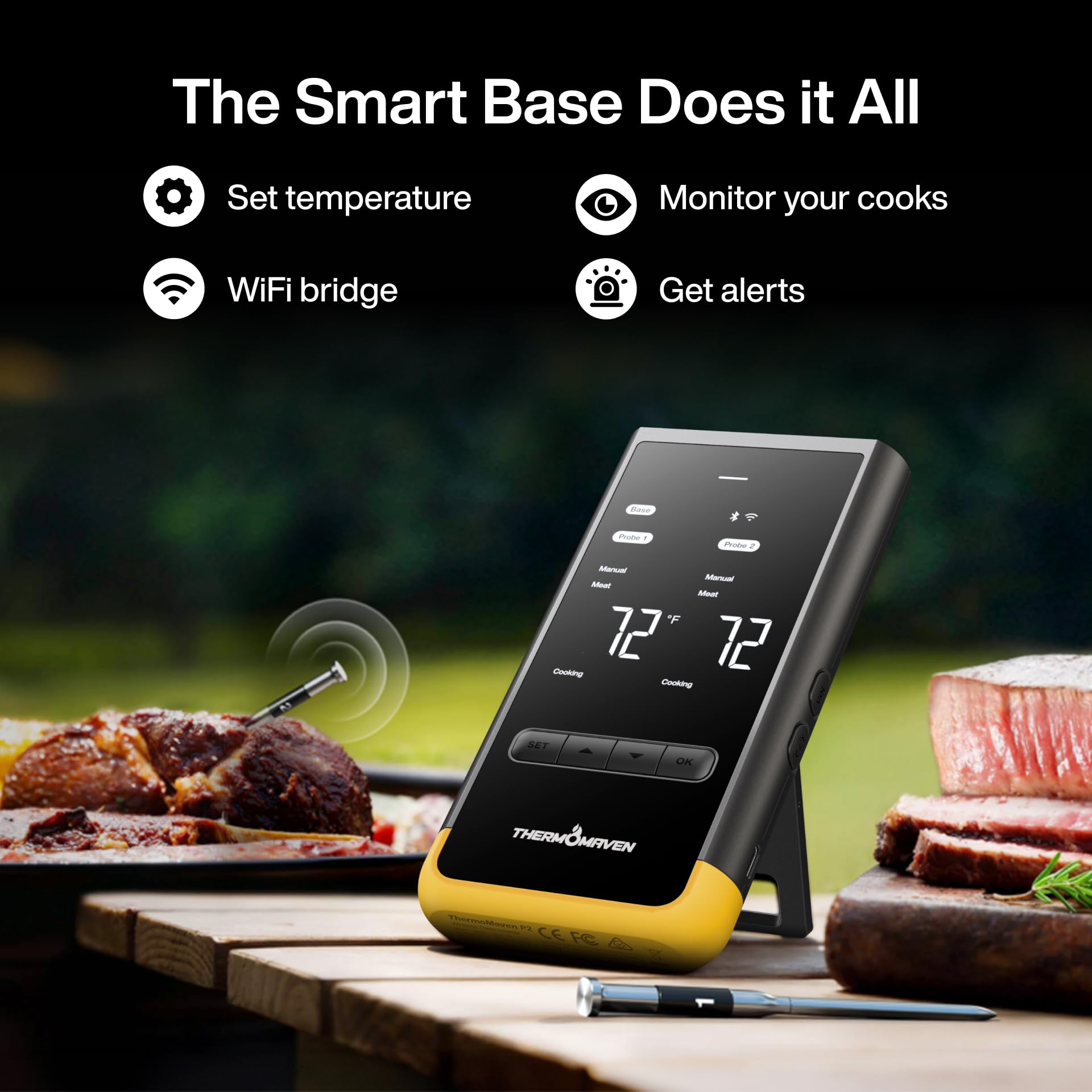 ThermoMaven Termómetro inalámbrico Bluetooth inteligente para carne: base independiente, alcance ilimitado WiFi, 6 sensores con precisión certificada por NIST, 2 sondas para cocina, barbacoa, horno